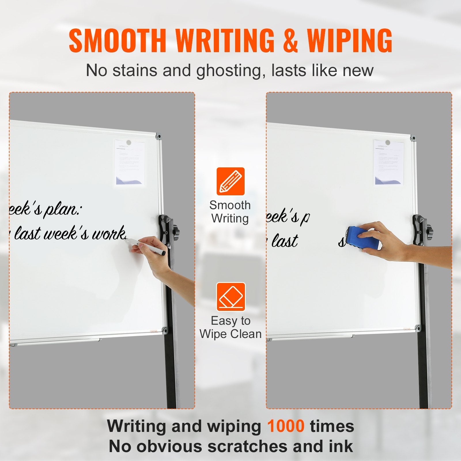 VEVOR Rolling Magnetic Whiteboard, Double-sided Mobile Whiteboard 36x24 Inches, Adjustable Height Dry Erase Board with Wheels, 1 Magnetic Erase & 3 Dry Erase Markers & Movable Tray Office, School