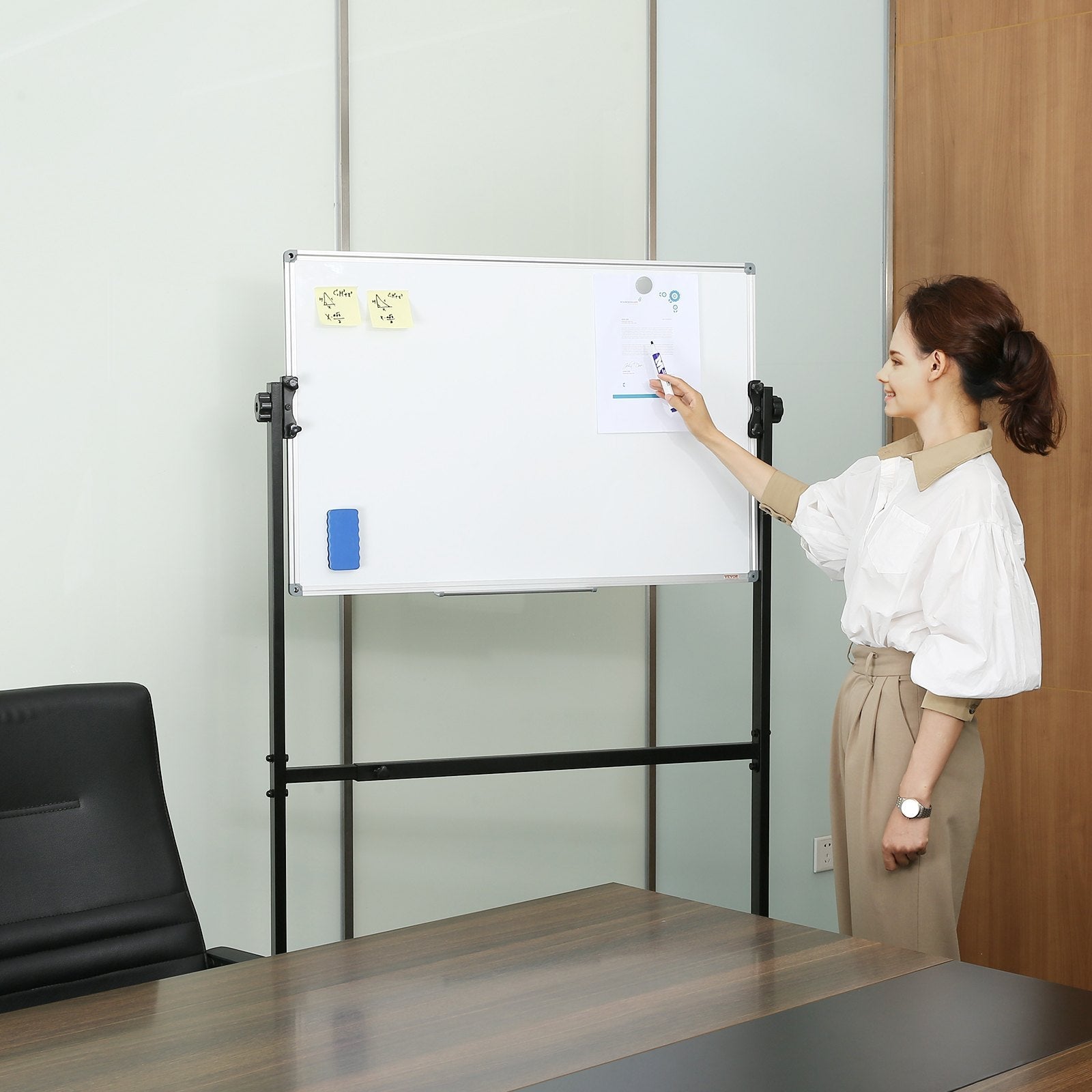 VEVOR Rolling Magnetic Whiteboard, Double-sided Mobile Whiteboard 36x24 Inches, Adjustable Height Dry Erase Board with Wheels, 1 Magnetic Erase & 3 Dry Erase Markers & Movable Tray Office, School