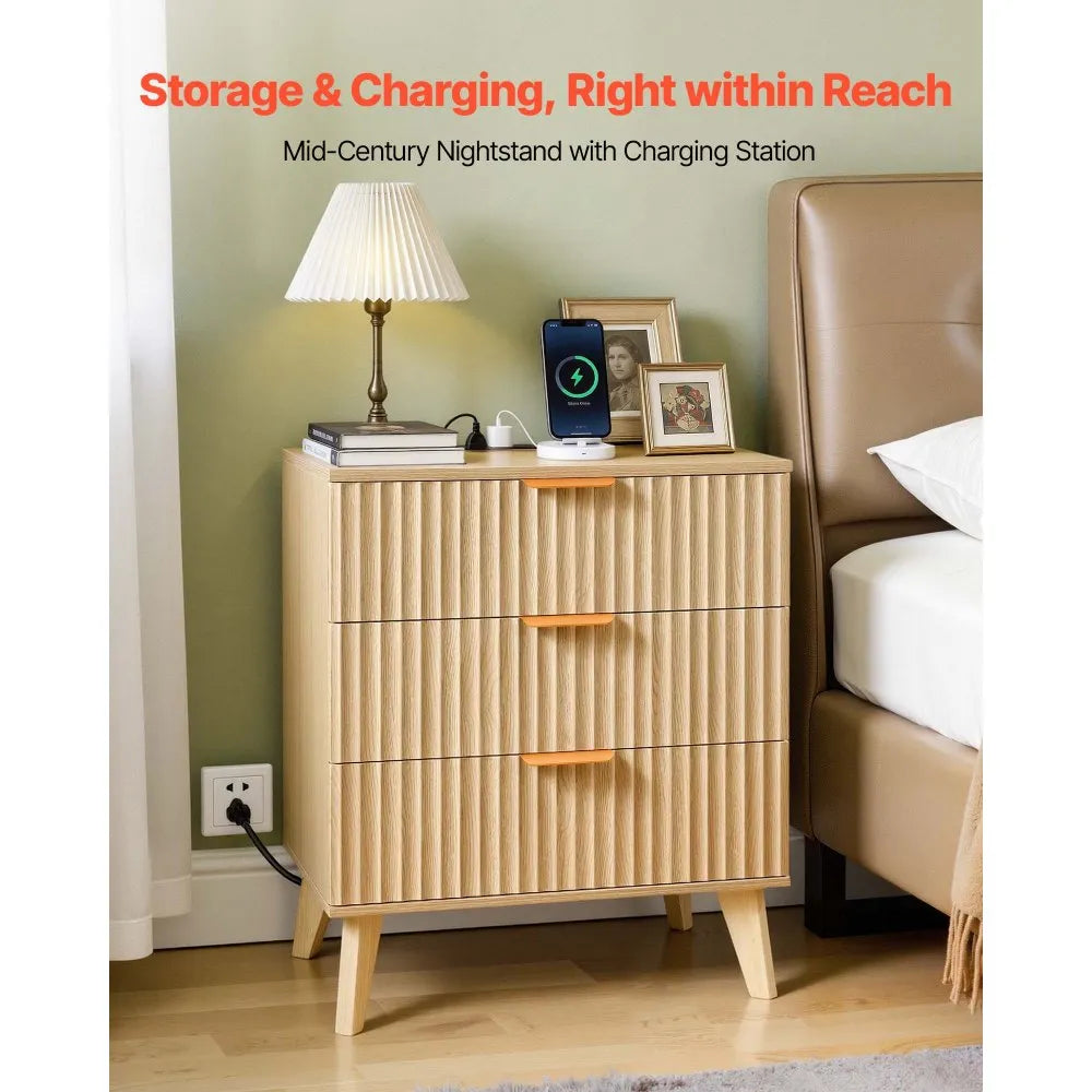 Fluted Nightstands with Charging Station – Set of 2, 3-Drawer Mid-Century Modern Bedside Tables, Khaki