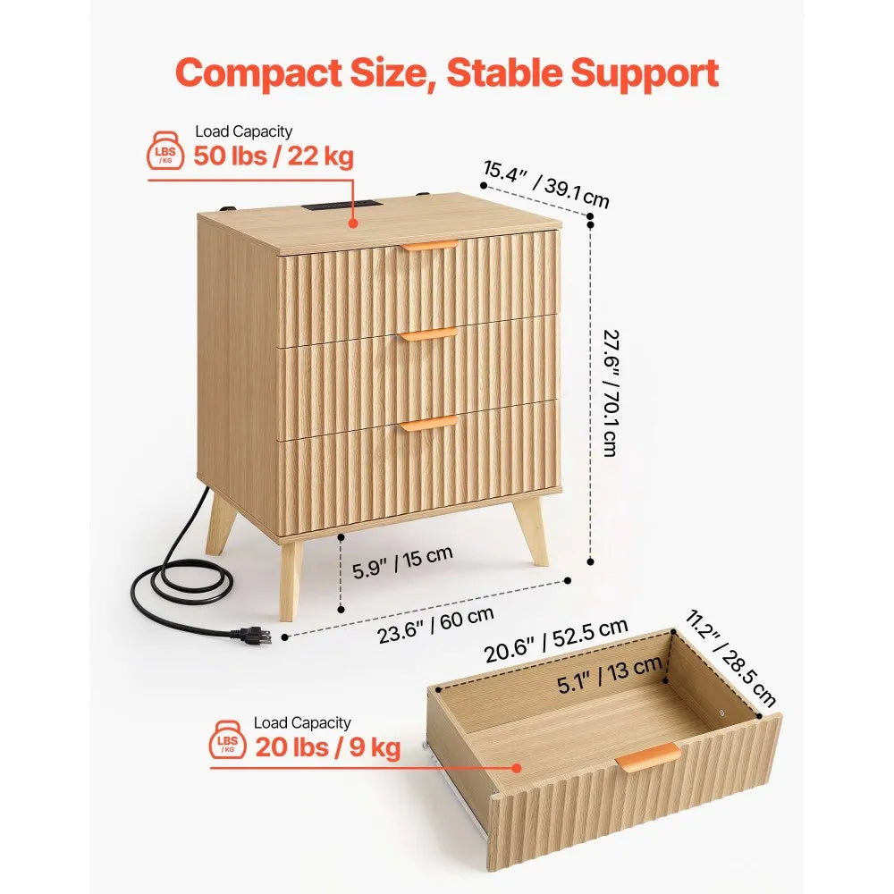 Fluted Nightstands with Charging Station – Set of 2, 3-Drawer Mid-Century Modern Bedside Tables, Khaki