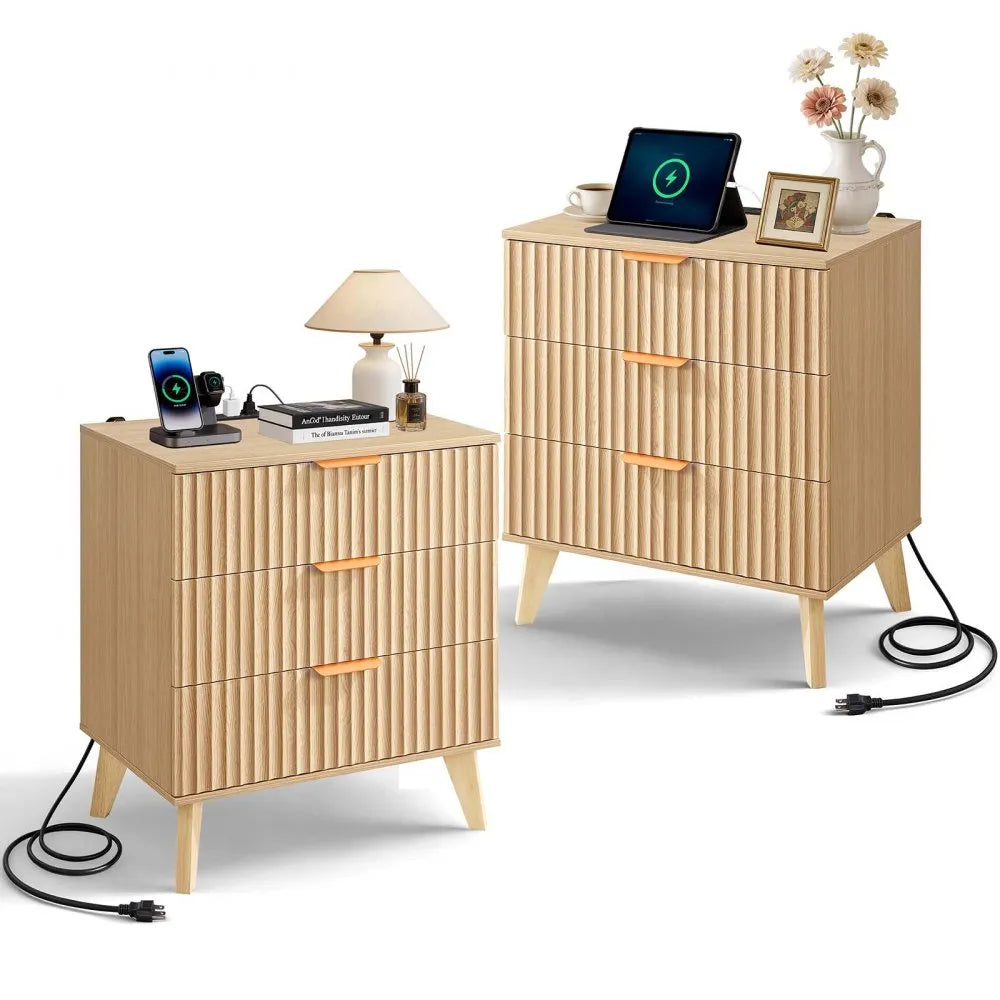 Fluted Nightstands with Charging Station – Set of 2, 3-Drawer Mid-Century Modern Bedside Tables, Khaki