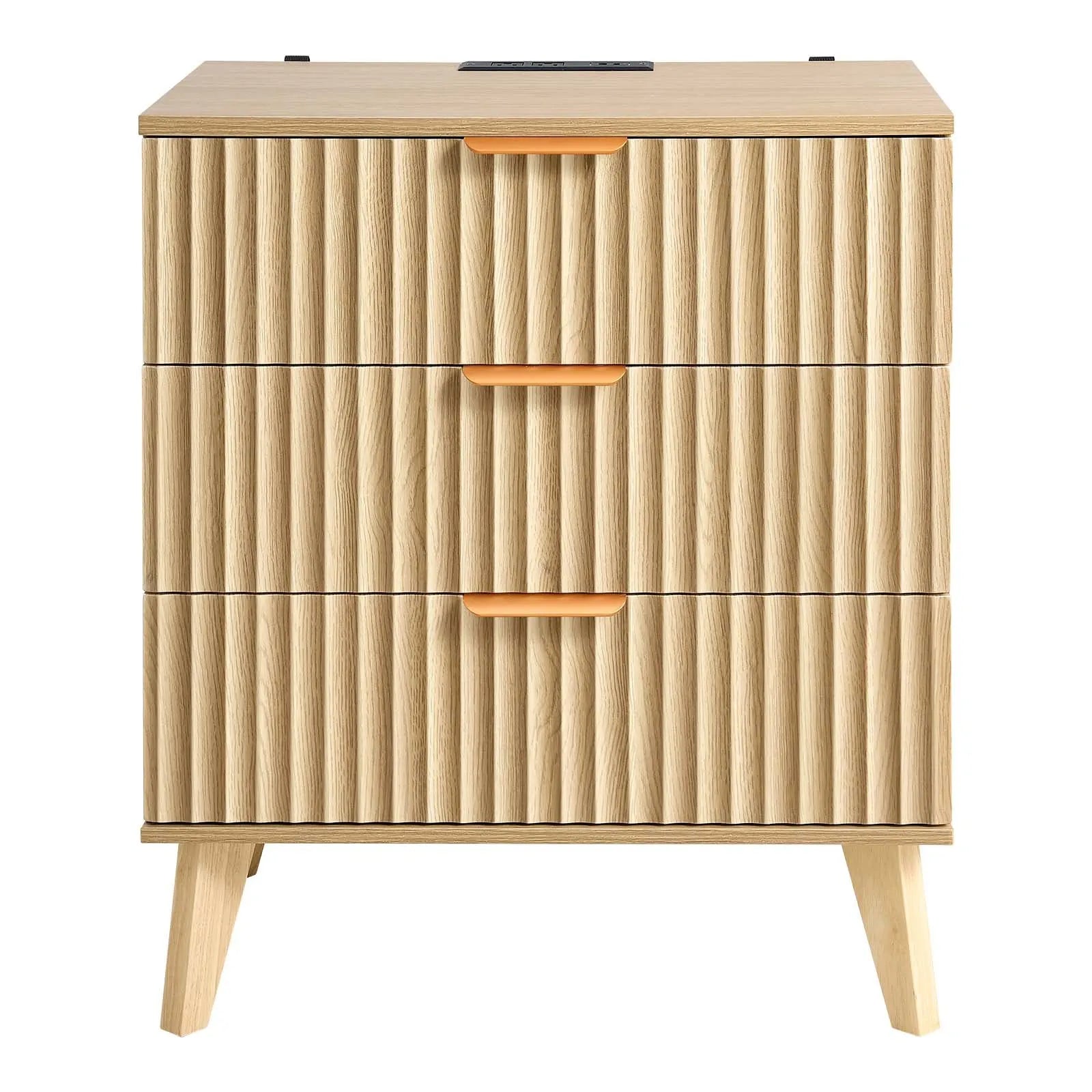 Fluted Nightstands with Charging Station – Set of 2, 3-Drawer Mid-Century Modern Bedside Tables, Khaki