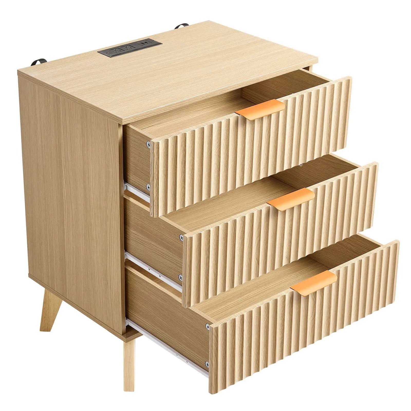 Fluted Nightstands with Charging Station – Set of 2, 3-Drawer Mid-Century Modern Bedside Tables, Khaki