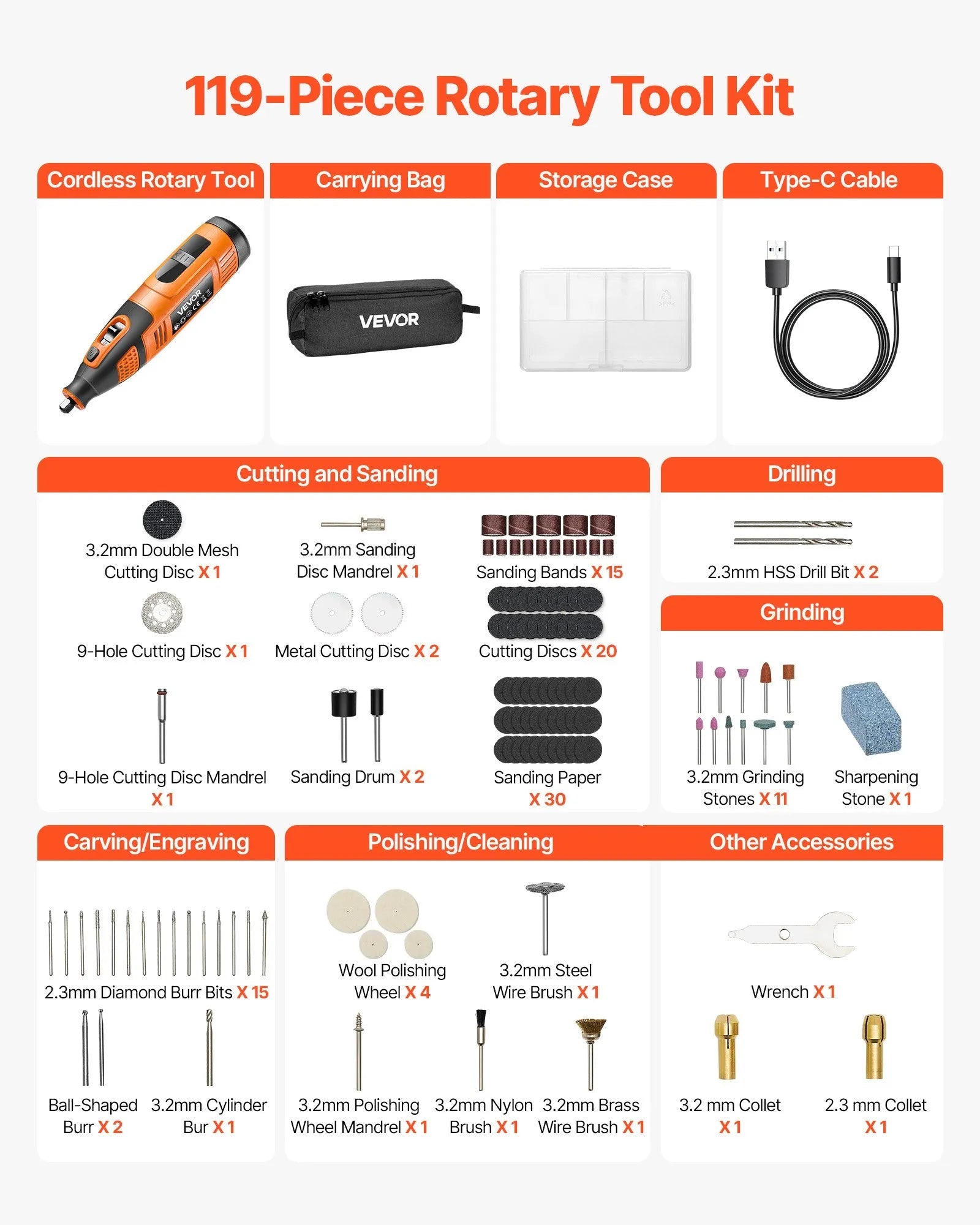 VEVOR 119-Piece Cordless Rotary Tool Kit, DC12V Portable Mini Power Rotary Tool, 28-Level Speed 5000-32000 RPM Multi-Purpose DIY Tools for Engraving, Sanding, Polishing, Carving, Cutting, DIY Crafts