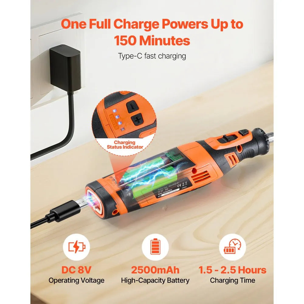 VEVOR 136-Piece Cordless Rotary Tool Kit, DC8V Portable Mini Power Rotary Tool, 5 Speeds 5000-30000RPM Multi-Purpose DIY Tools for Engraving, Sanding, Polishing, Carving, Grinding, Cutting, DIY Craft