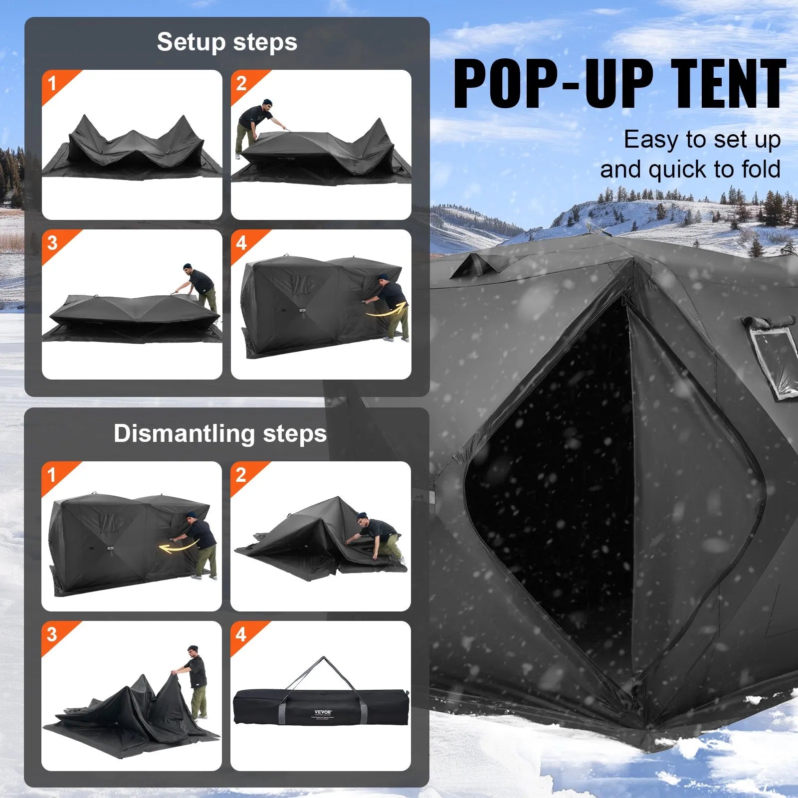 VEVOR Portable Ice Shelter, 6-8 Person Pop-Up Ice Fishing Tent, 70 Square Feet Fishable Area, Ice Shanty for Winter Fishing, Waterproof Oxford Ice Cube with Anchors/Ropes/Carrying Bag, 142"x71" Black