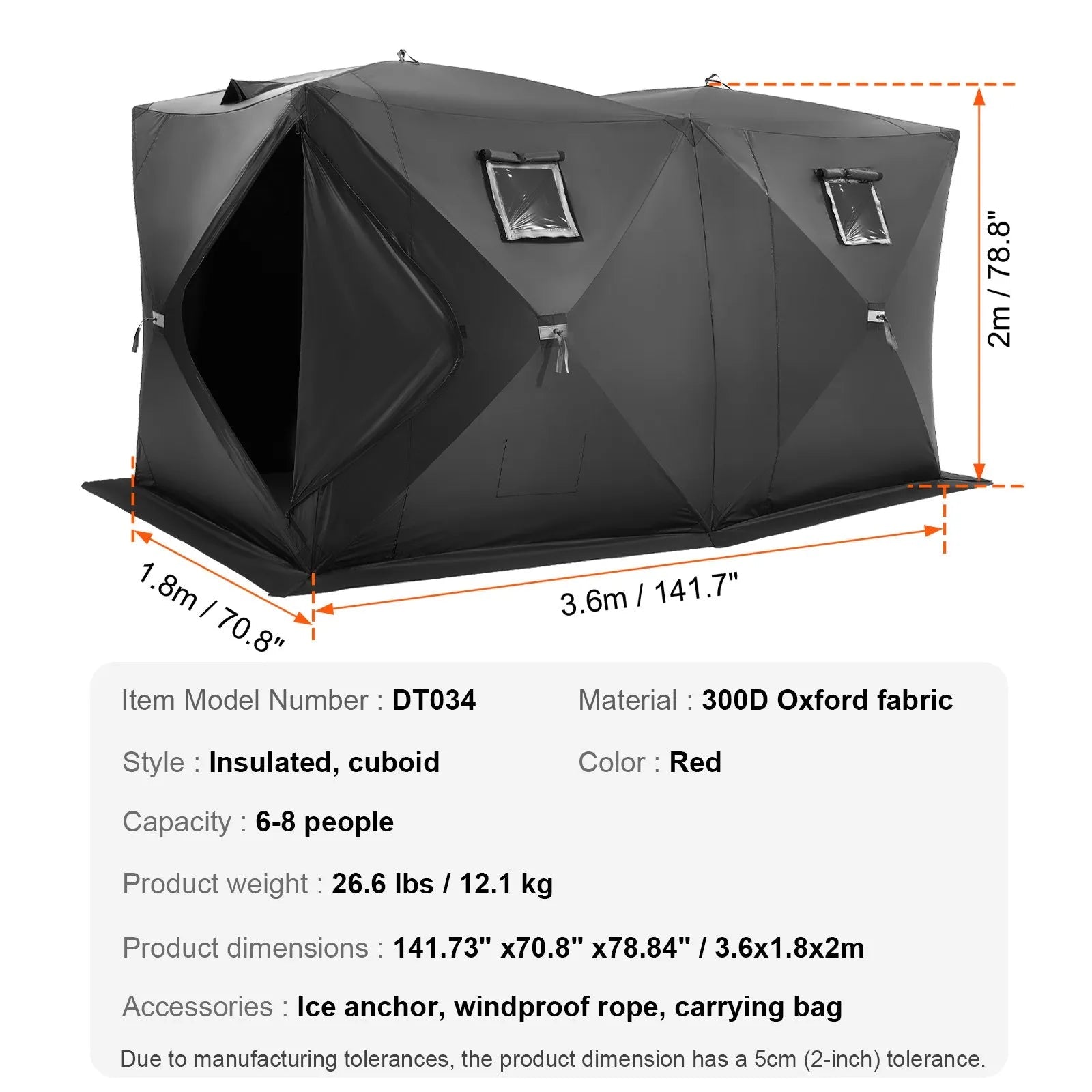 VEVOR Portable Ice Shelter, 6-8 Person Pop-Up Ice Fishing Tent, 70 Square Feet Fishable Area, Ice Shanty for Winter Fishing, Waterproof Oxford Ice Cube with Anchors/Ropes/Carrying Bag, 142"x71" Black