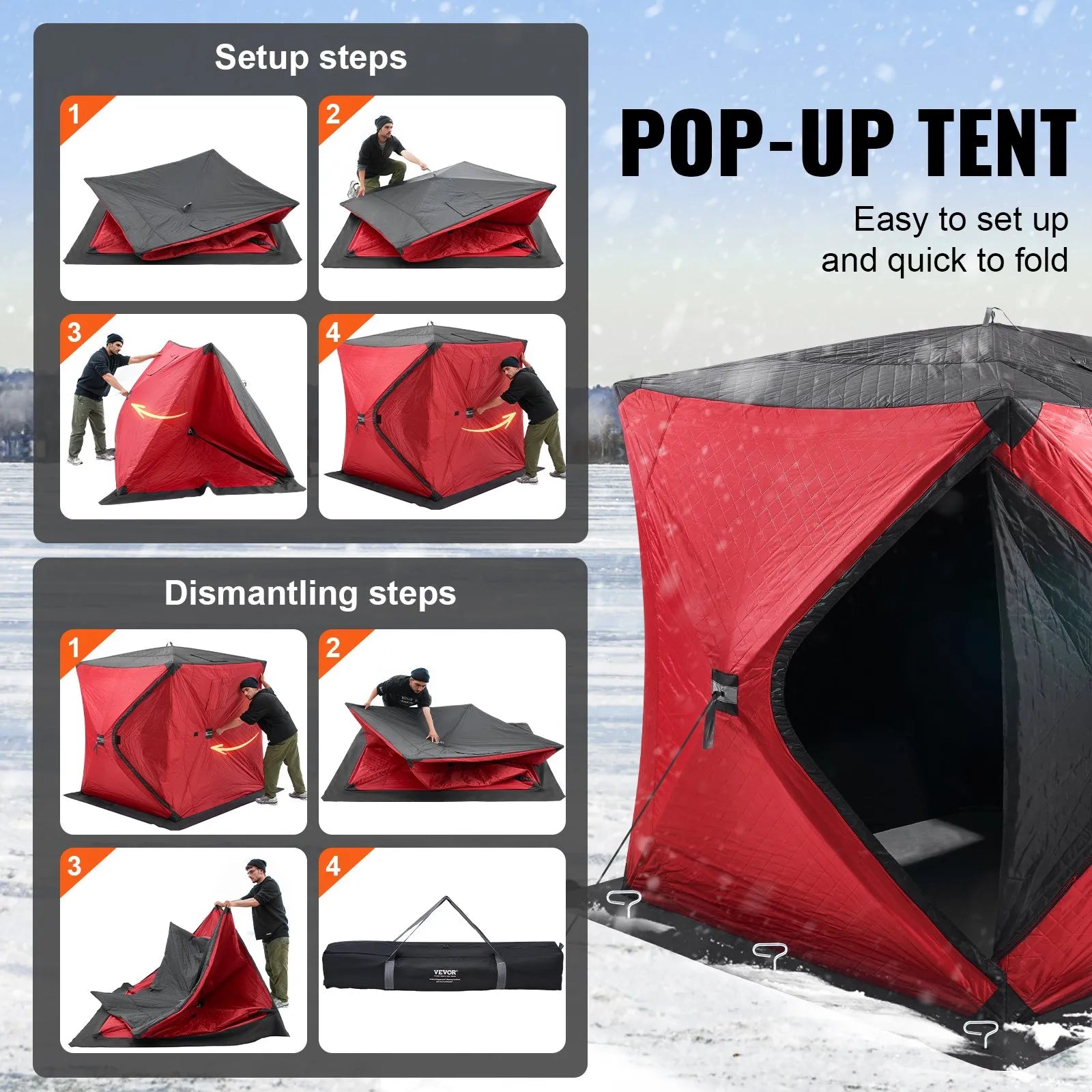VEVOR Portable Ice Shelter, 3-4 Person Insulated Pop-Up Ice Fishing Tent, 35 Square Feet Fishable Area, Thermal Ice Shanty for Winter Fishing, Ice Cube with Anchors, Ropes, Carrying Bag, 71"x71", Red