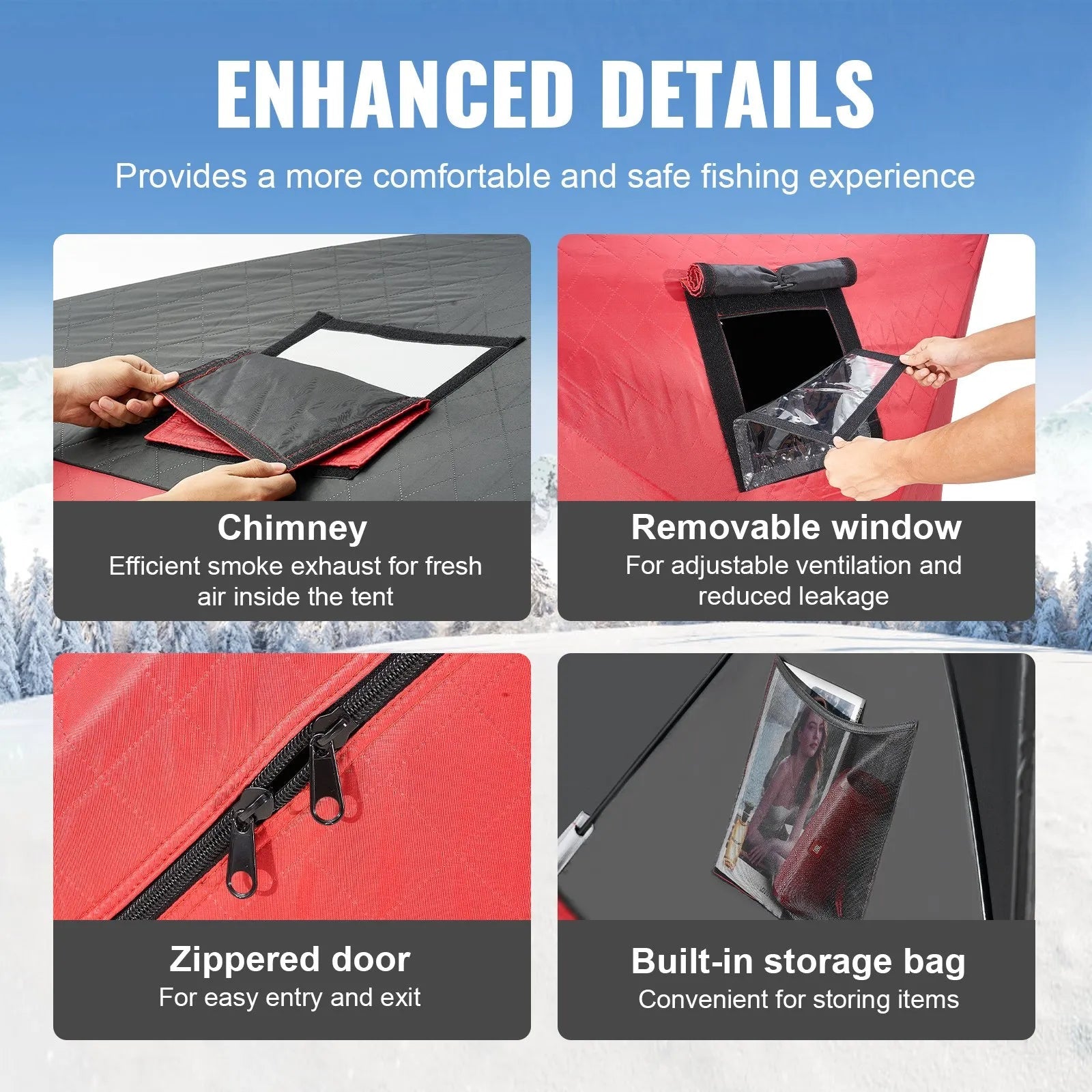 VEVOR Portable Ice Shelter, 3-4 Person Insulated Pop-Up Ice Fishing Tent, 35 Square Feet Fishable Area, Thermal Ice Shanty for Winter Fishing, Ice Cube with Anchors, Ropes, Carrying Bag, 71"x71", Red