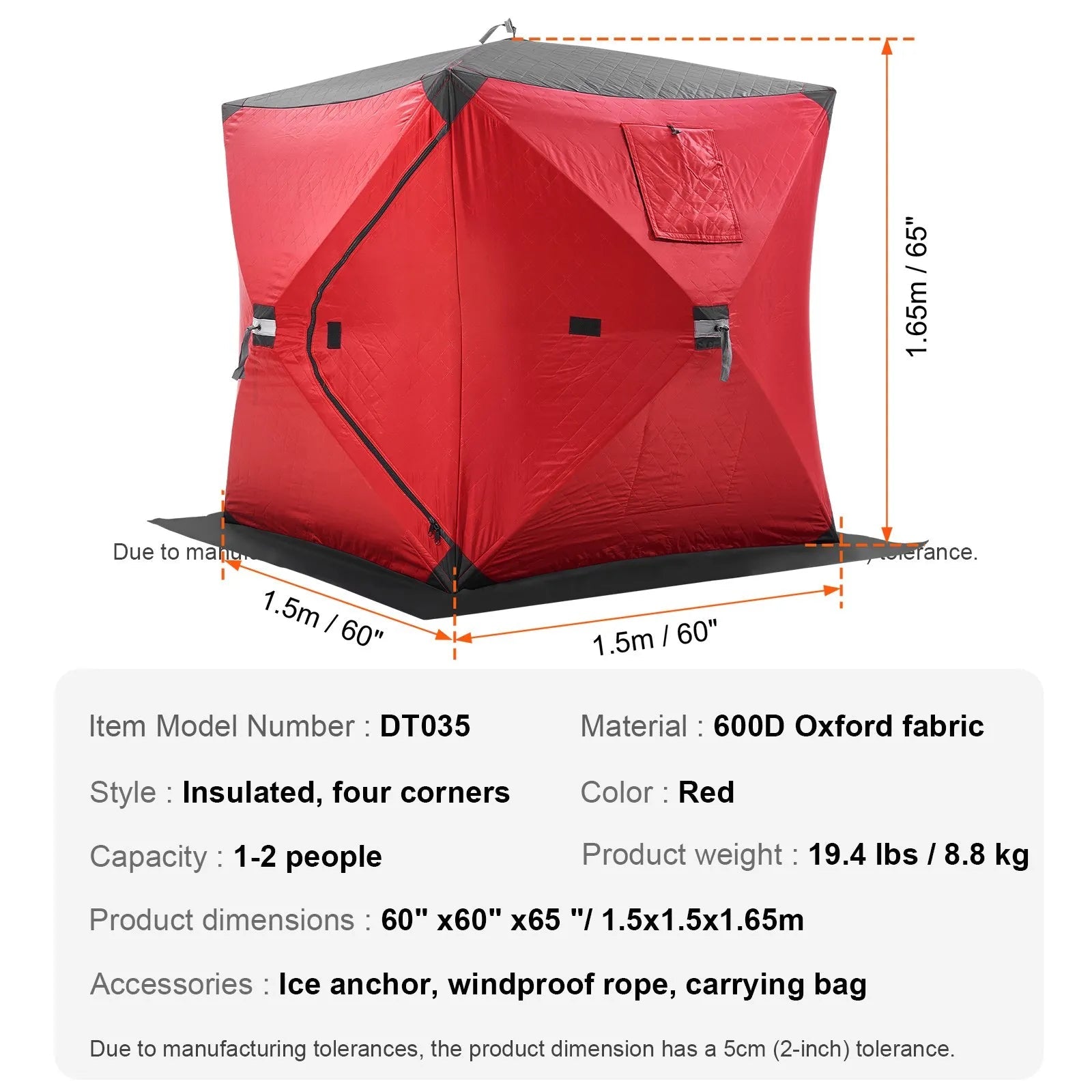 VEVOR Portable Ice Shelter, 1-2 Person Insulated Pop-Up Ice Fishing Tent, 24 Square Feet Fishable Area, Thermal Ice Shanty for Winter Fishing, Ice Cube with Anchors, Ropes, Carrying Bag, 60"x60", Red