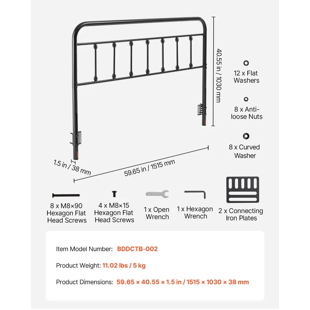 VEVOR Metal Headboard for Queen Size Bed Ideal for Bedroom Hotel Dormitory Black