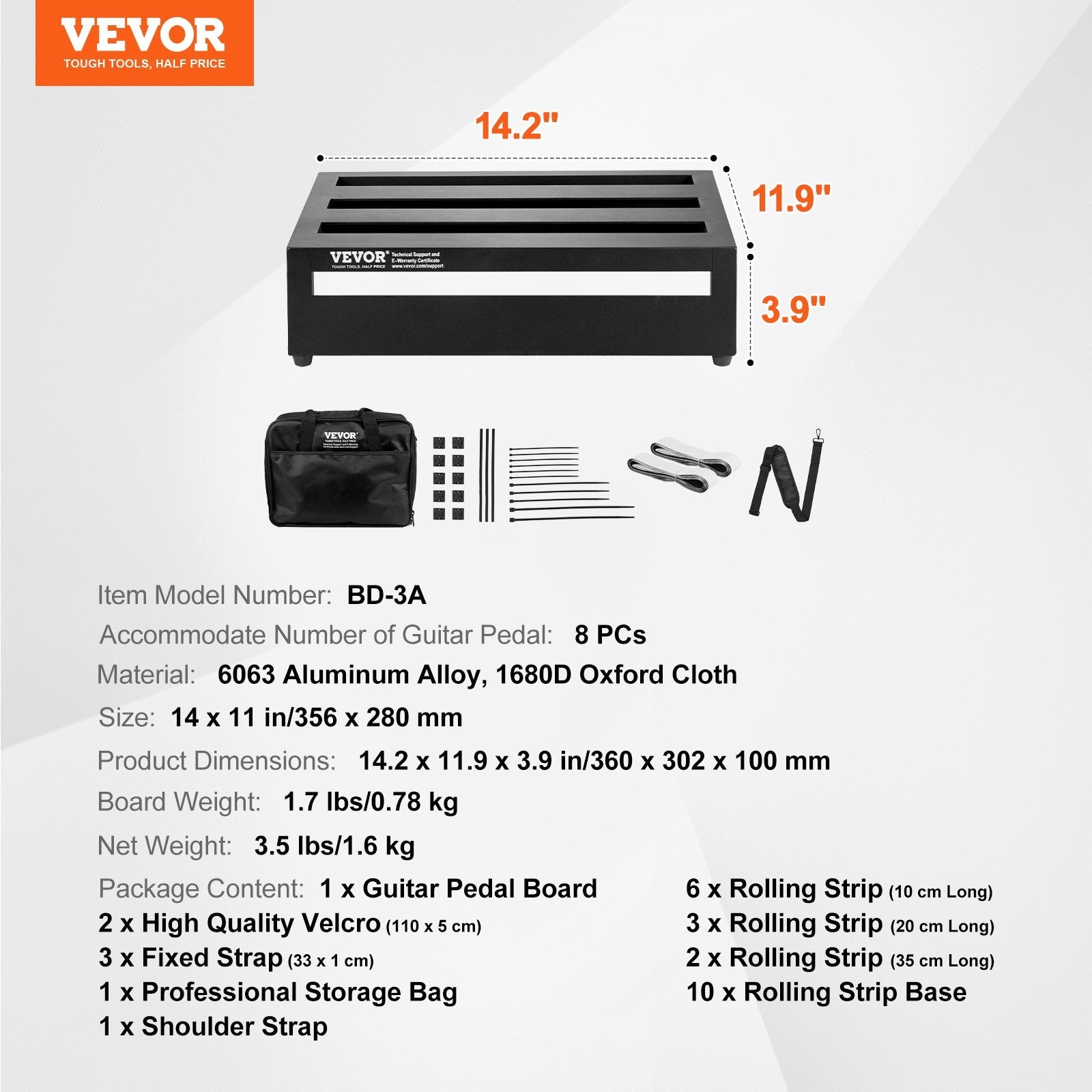 VEVOR Guitar Pedal Board, 14'' x 11'', Aluminum Alloy 1.7 lbs Super Light Guitar Effects Pedal Board with Carry Bag High Quality Tape Fixed Strap Shoulder Strap, Accommodate 8 Guitar Pedals, Medium