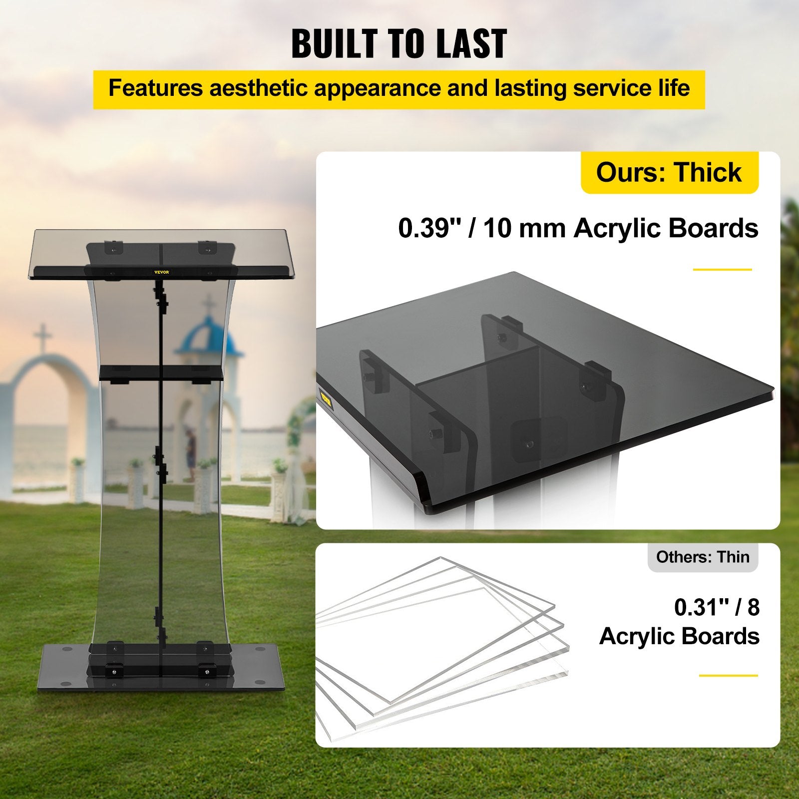 VEVOR Acrylic Pulpit, 47" Tall, Clear Podium Stand w/ Wide Reading Surface & Storage Shelf, Floor-Standing Plexiglass Lectern for Church Office School, Black