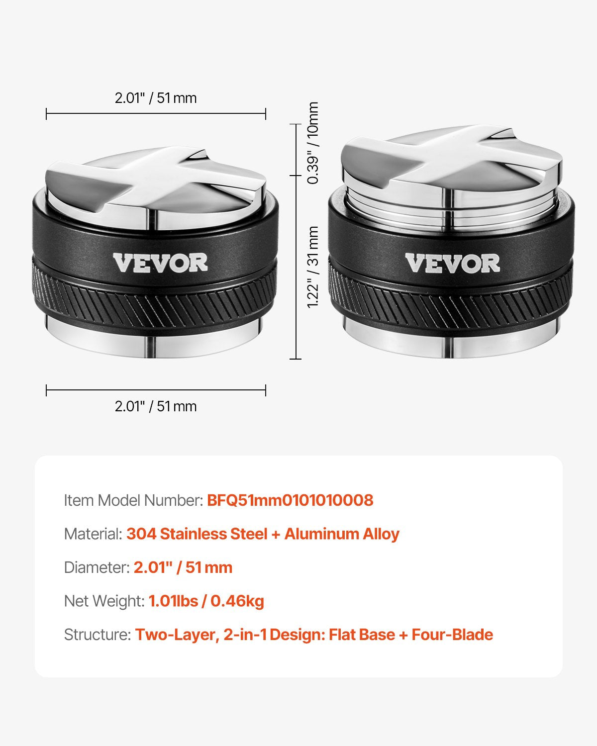 VEVOR 51mm Coffee Distributor 2-in-1 Adjustable Espresso Distributor for Home