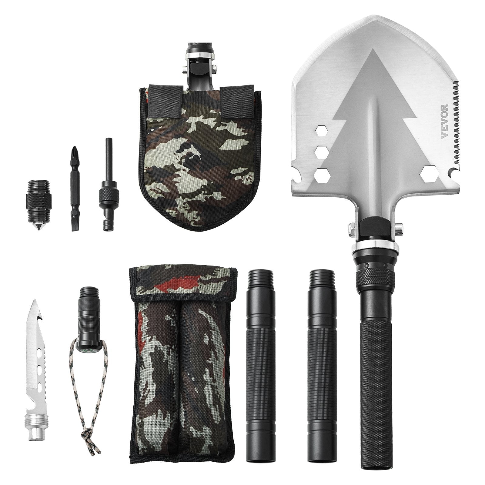 VEVOR Survival Shovel 11 in 1 Camping Shovel Folding Multitool Portable Compact