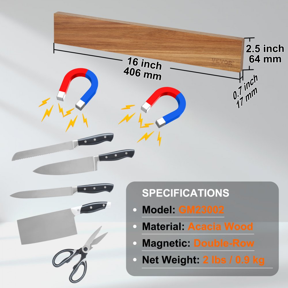 VEVOR Magnetic Knife Holder with Enhanced Strong Magnet, 16" No Drilling Knife Strips Organizer for Wall, Multifunctional Storage Acacia Wood Knives Rack, Knife Bar for Kitchen Knives, Utensils, Tools