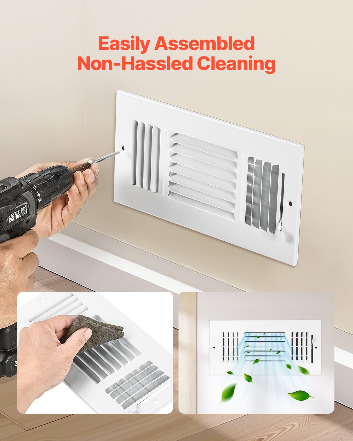 VEVOR Floor Registers 3-Way 4x10 Inch Iron Floor Vents HVAC Grilles 6-Pack White