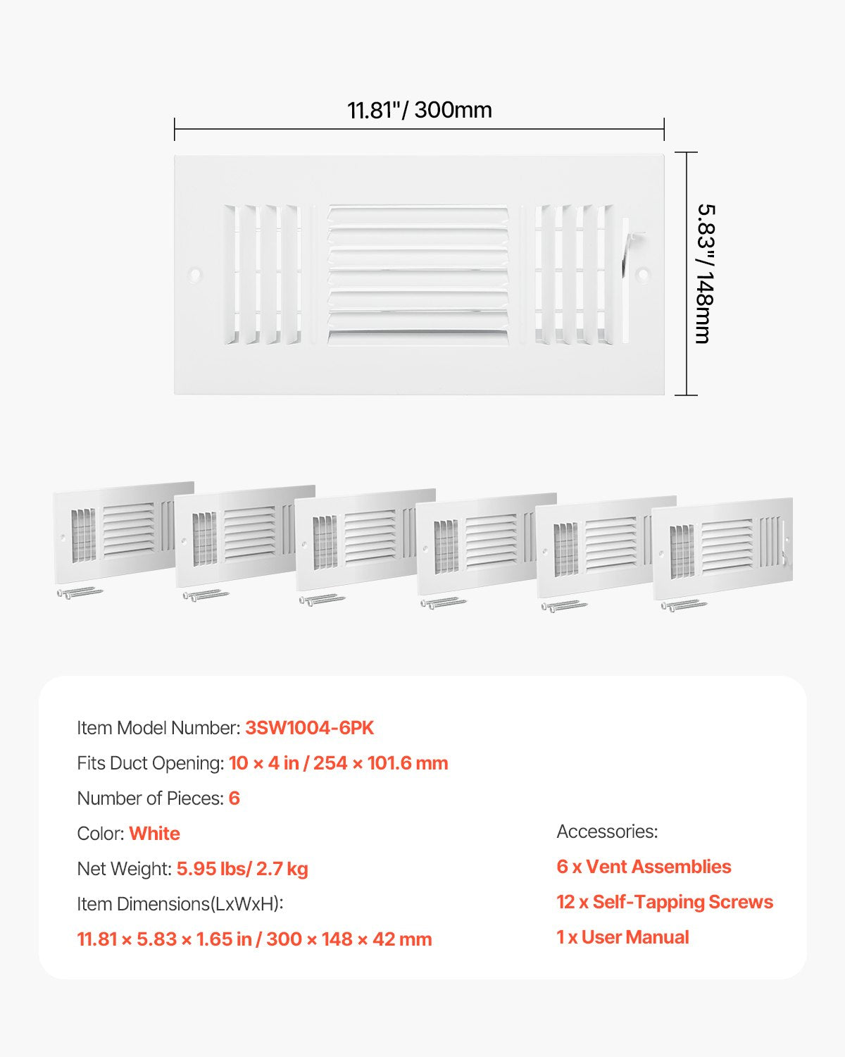 VEVOR Floor Registers 3-Way 4x10 Inch Iron Floor Vents HVAC Grilles 6-Pack White