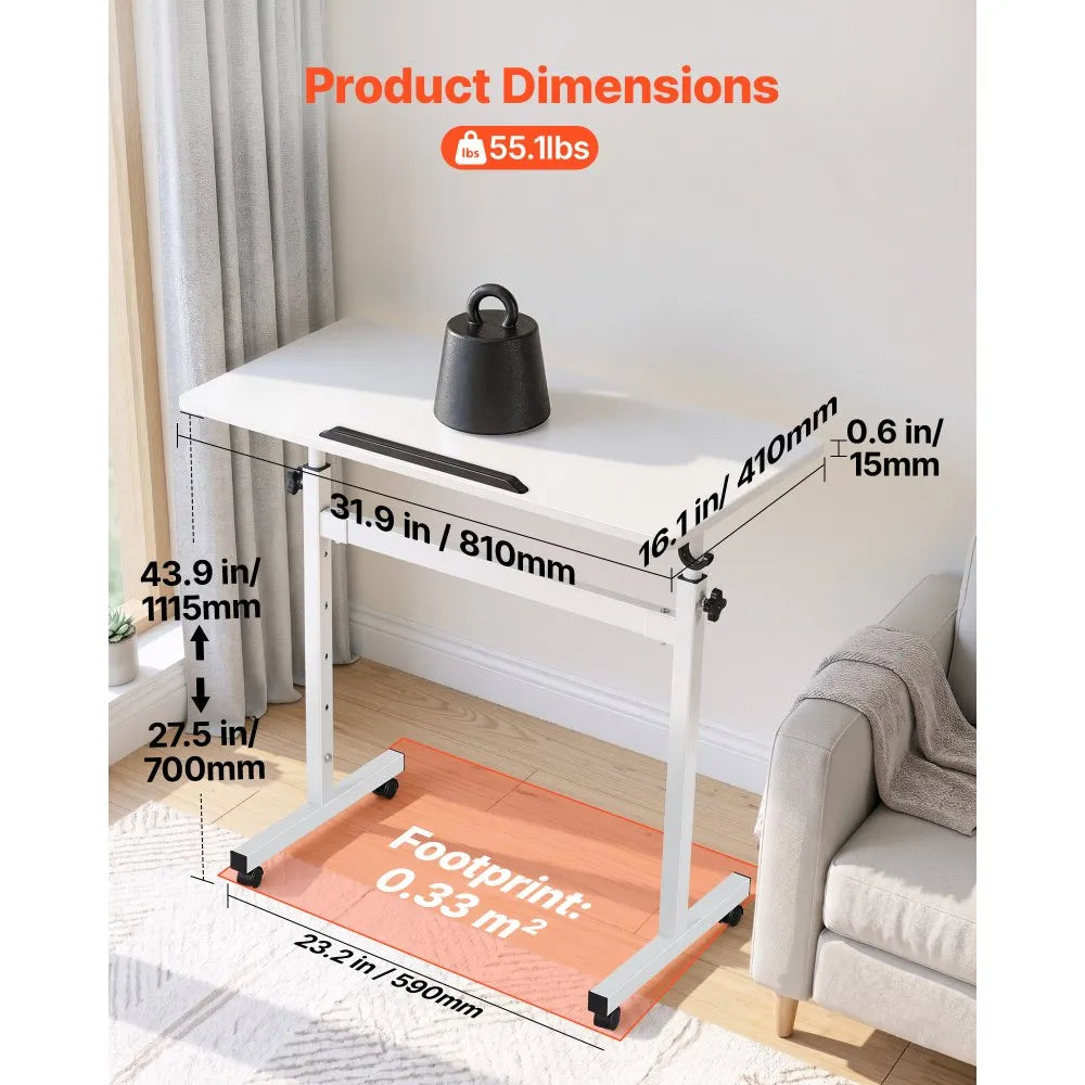 Adjustable Mobile Standing Desk, 32" Rolling Sit-Stand Workstation with 360° Tilting Desktop, Lockable Casters & Hook, White