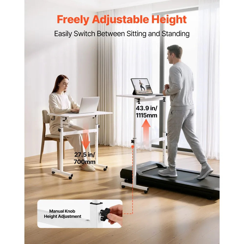 Adjustable Mobile Standing Desk, 32" Rolling Sit-Stand Workstation with 360° Tilting Desktop, Lockable Casters & Hook, White