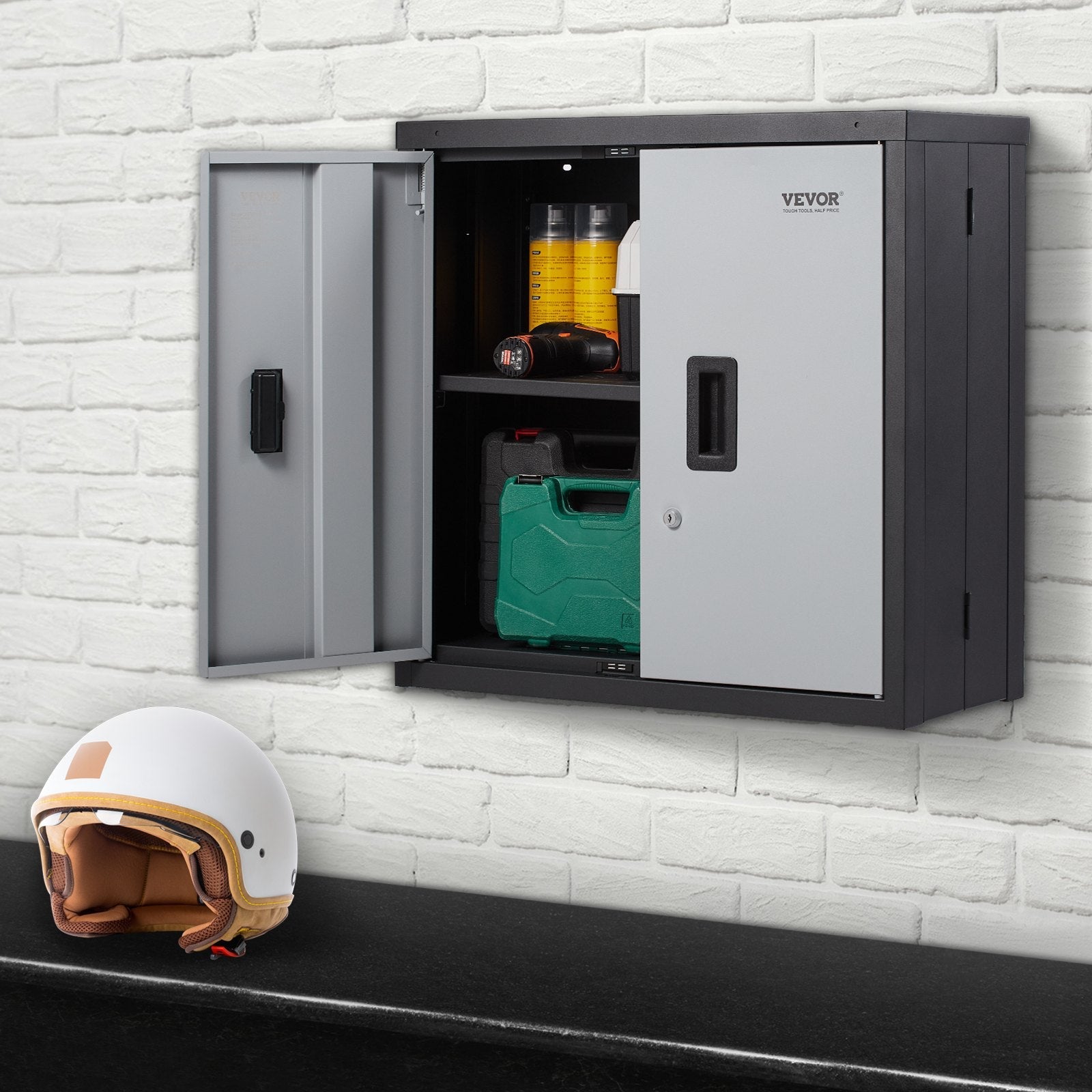 VEVOR Foldable Wall Cabinet, Metal Garage Cabinet Wall Mounted 26” Small Cabinet 240 LBS Loading Capacity Adjustable Shelf Magnetic Door File Locker for Garage Office Home Black