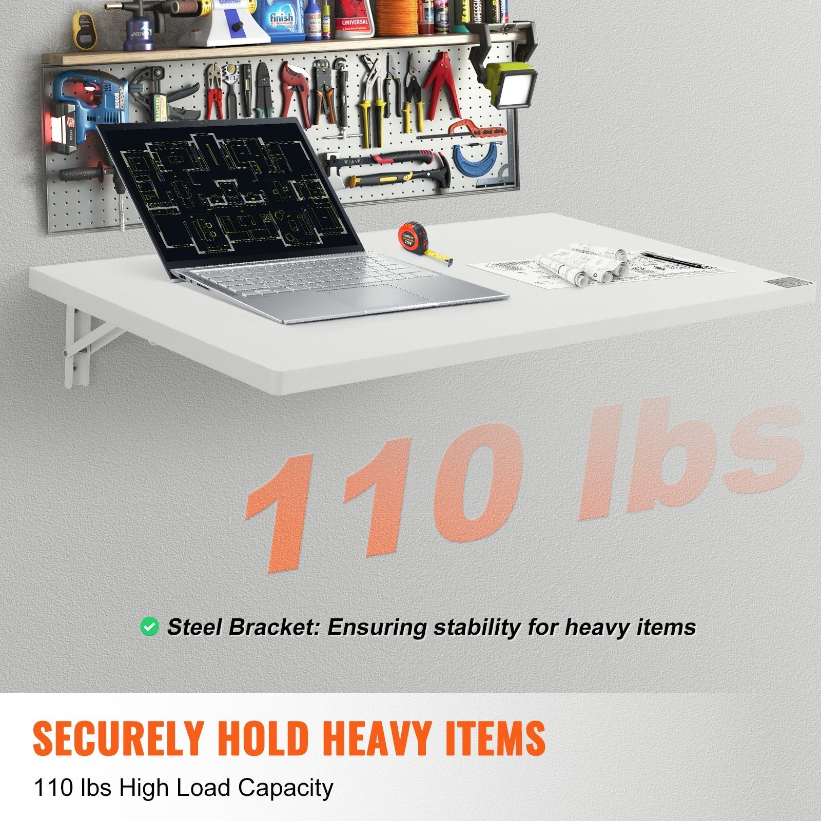 VEVOR Wall Mounted Folding Table, 35.43" x 19.69" Wall Mount Drop Leaf Table, Floating Desk with Iron Bracket, Fold Down Desk for Small Spaces, Home Office, Dining, Laundry Room, Kitchen, Bar, White