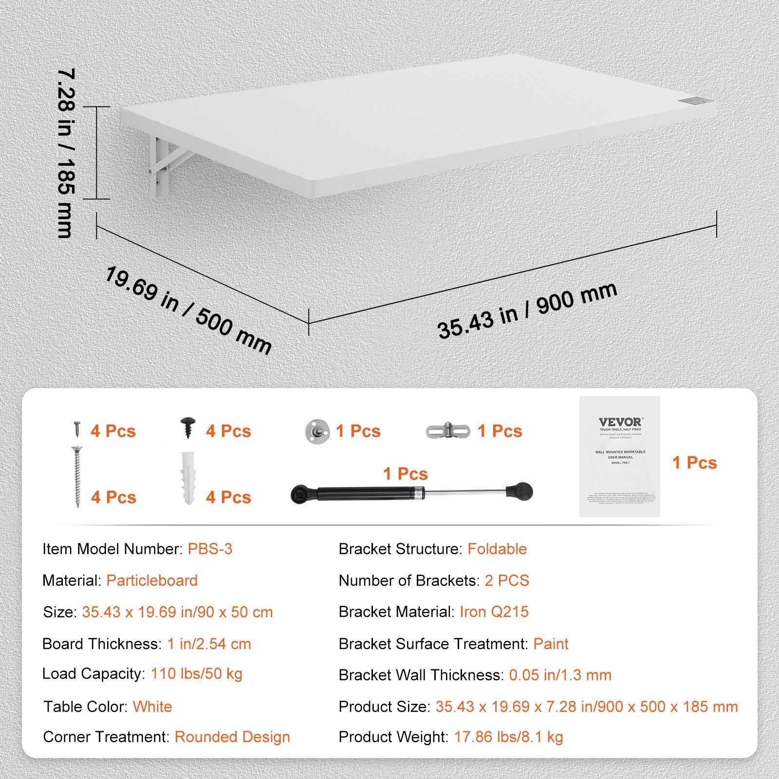 VEVOR Wall Mounted Folding Table, 35.43" x 19.69" Wall Mount Drop Leaf Table, Floating Desk with Iron Bracket, Fold Down Desk for Small Spaces, Home Office, Dining, Laundry Room, Kitchen, Bar, White