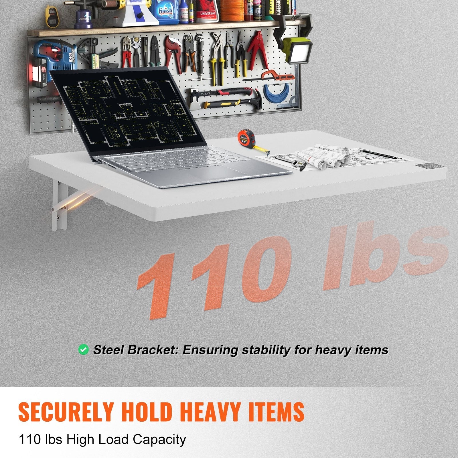 VEVOR Wall Mounted Folding Table, 31.5" x 15.75" Wall Mount Drop Leaf Table, Floating Desk with Iron Bracket, Fold Down Desk for Small Spaces, Home Office, Dining, Laundry Room, Kitchen, Bar, White