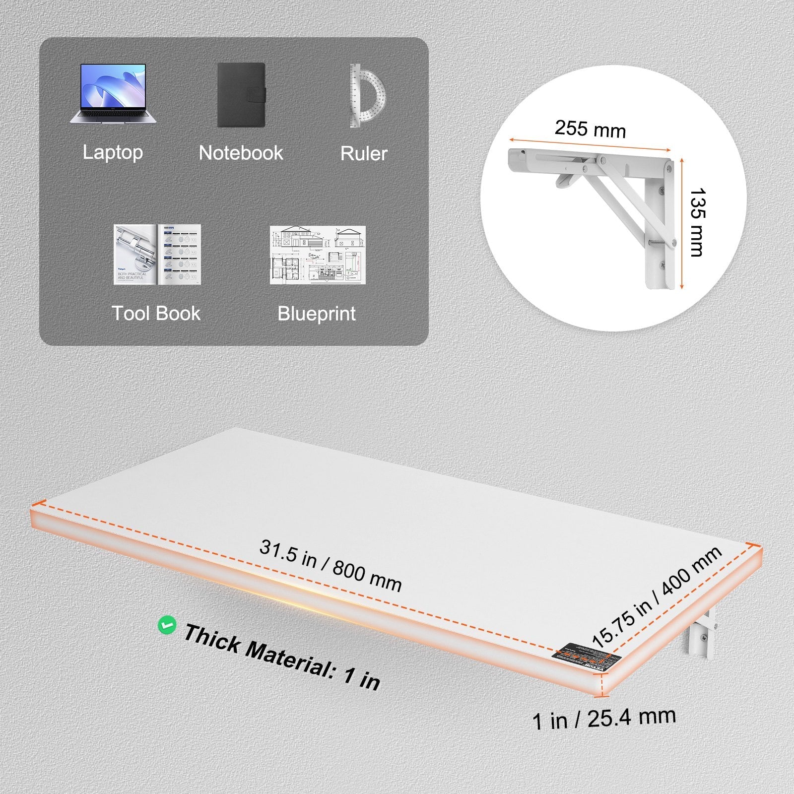 VEVOR Wall Mounted Folding Table, 31.5" x 15.75" Wall Mount Drop Leaf Table, Floating Desk with Iron Bracket, Fold Down Desk for Small Spaces, Home Office, Dining, Laundry Room, Kitchen, Bar, White
