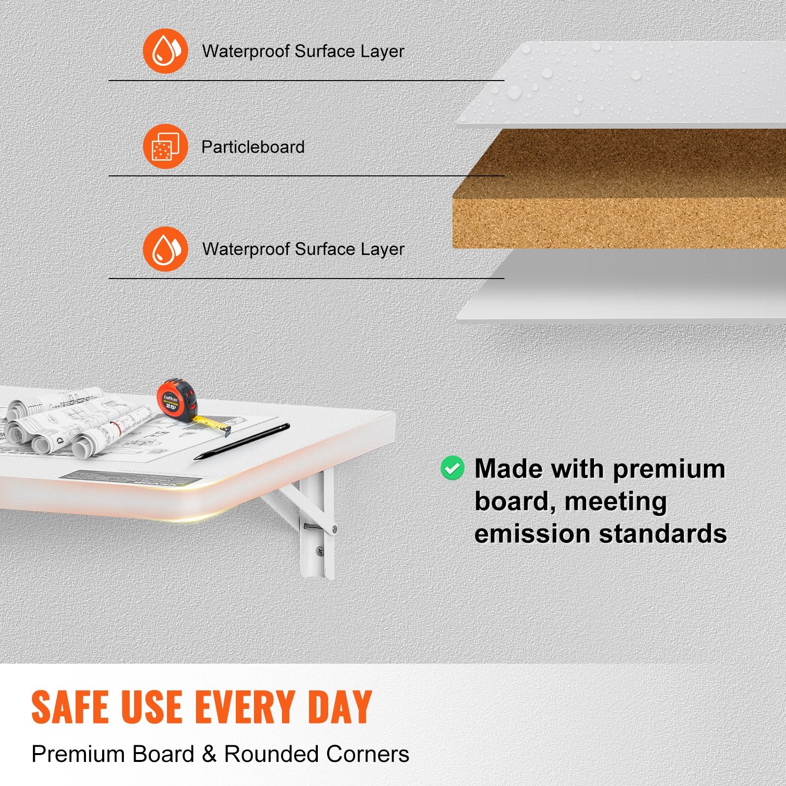 VEVOR Wall Mounted Folding Table, 31.5" x 15.75" Wall Mount Drop Leaf Table, Floating Desk with Iron Bracket, Fold Down Desk for Small Spaces, Home Office, Dining, Laundry Room, Kitchen, Bar, White