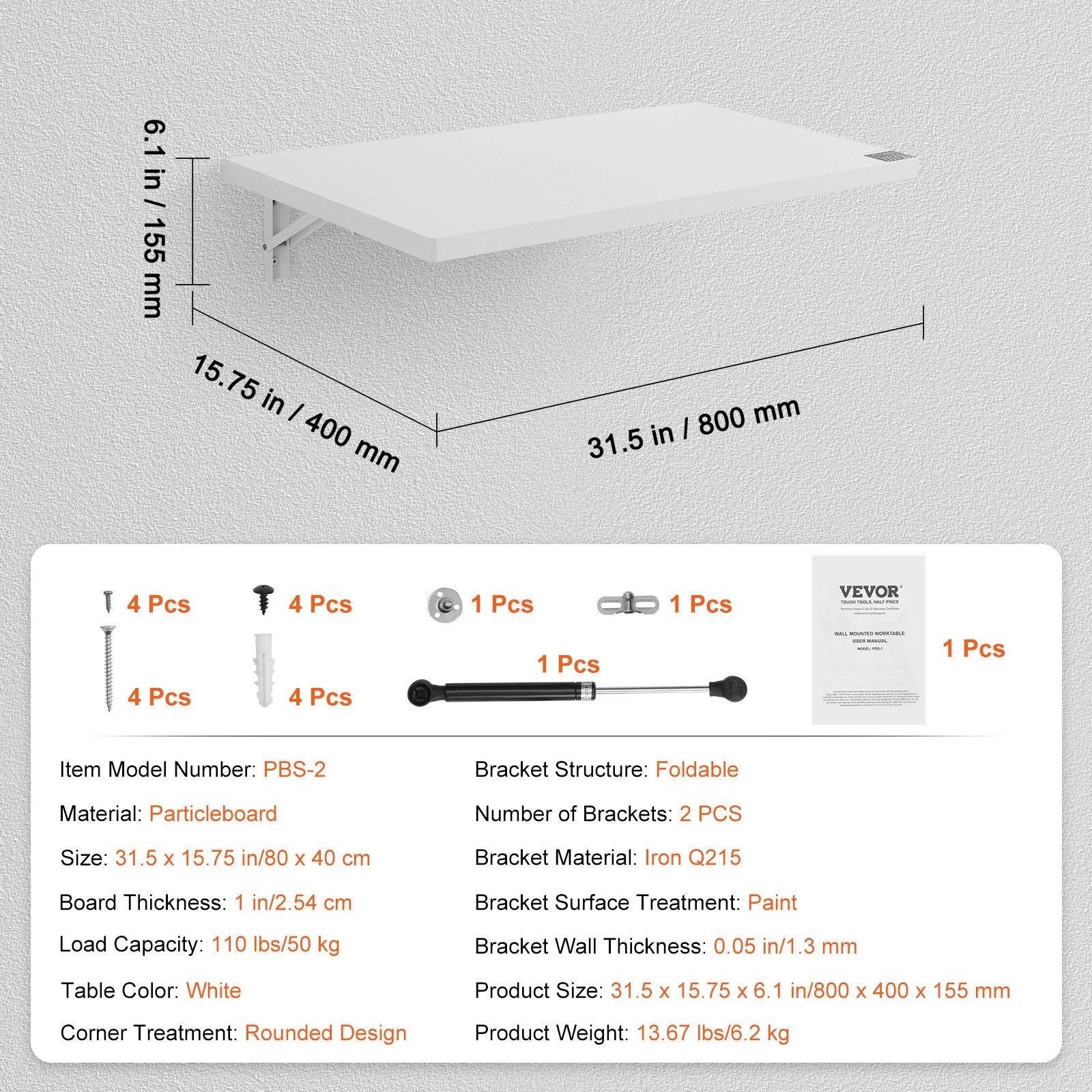 VEVOR Wall Mounted Folding Table, 31.5" x 15.75" Wall Mount Drop Leaf Table, Floating Desk with Iron Bracket, Fold Down Desk for Small Spaces, Home Office, Dining, Laundry Room, Kitchen, Bar, White