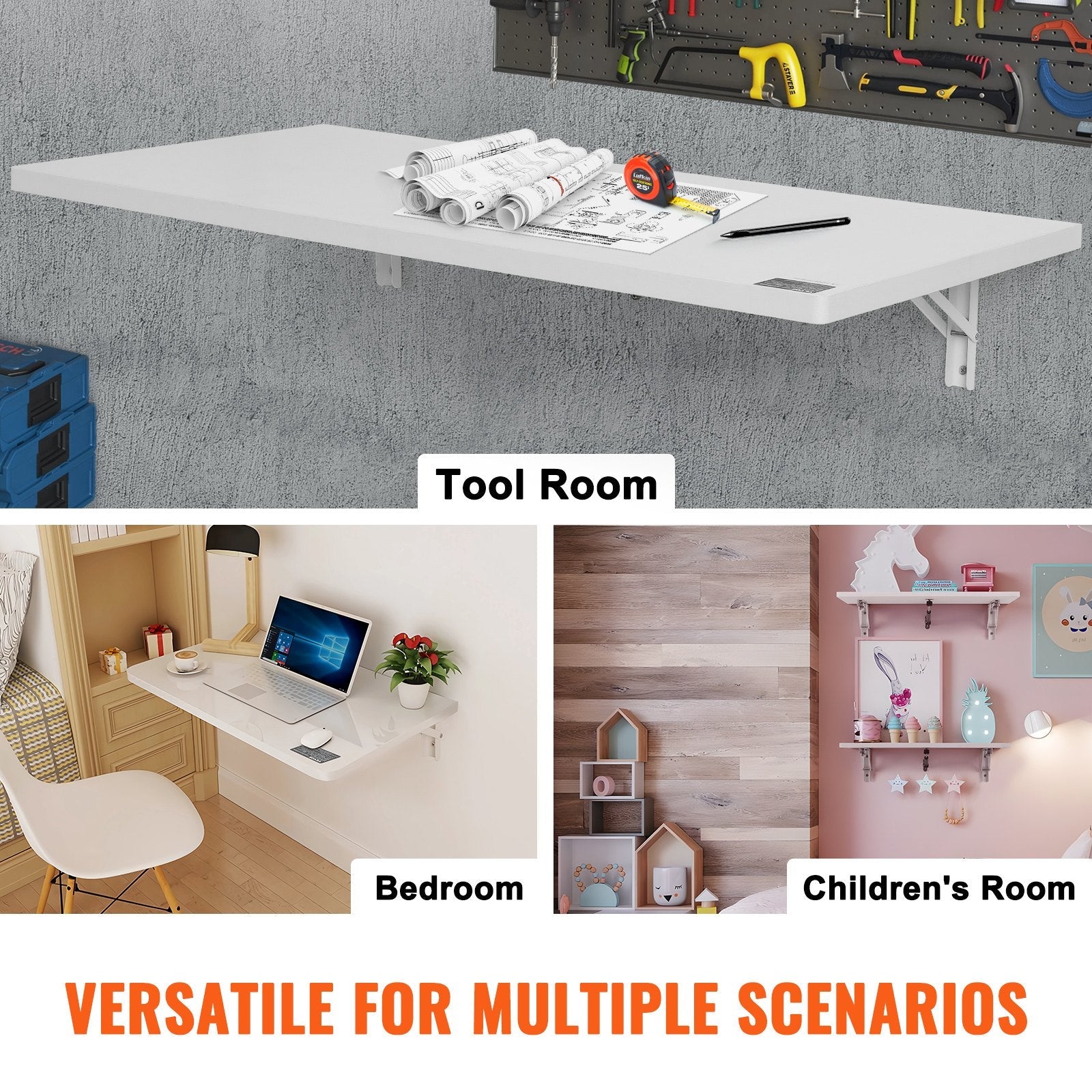 VEVOR Wall Mounted Folding Table, 39.37" x 19.69" Wall Mount Drop Leaf Table, Floating Desk with Iron Bracket, Fold Down Desk for Small Spaces, Home Office, Dining, Laundry Room, Kitchen, Bar, White