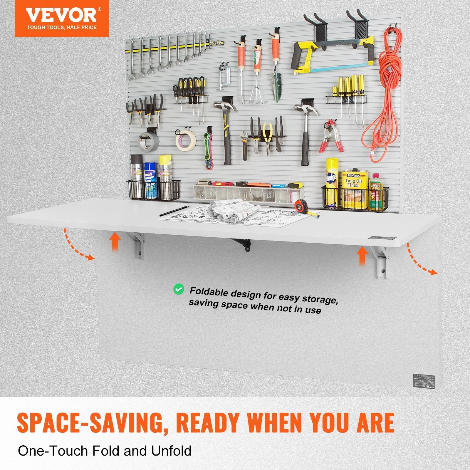 VEVOR Wall Mounted Folding Table, 43.31" x 18.11" Wall Mount Drop Leaf Table, Floating Desk with Iron Bracket, Fold Down Desk for Small Spaces, Home Office, Dining, Laundry Room, Kitchen, Bar, White