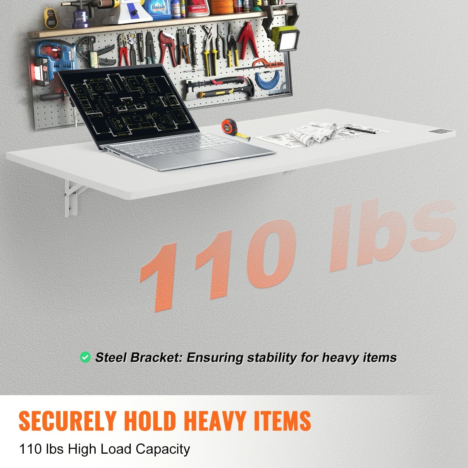 VEVOR Wall Mounted Folding Table, 43.31" x 18.11" Wall Mount Drop Leaf Table, Floating Desk with Iron Bracket, Fold Down Desk for Small Spaces, Home Office, Dining, Laundry Room, Kitchen, Bar, White