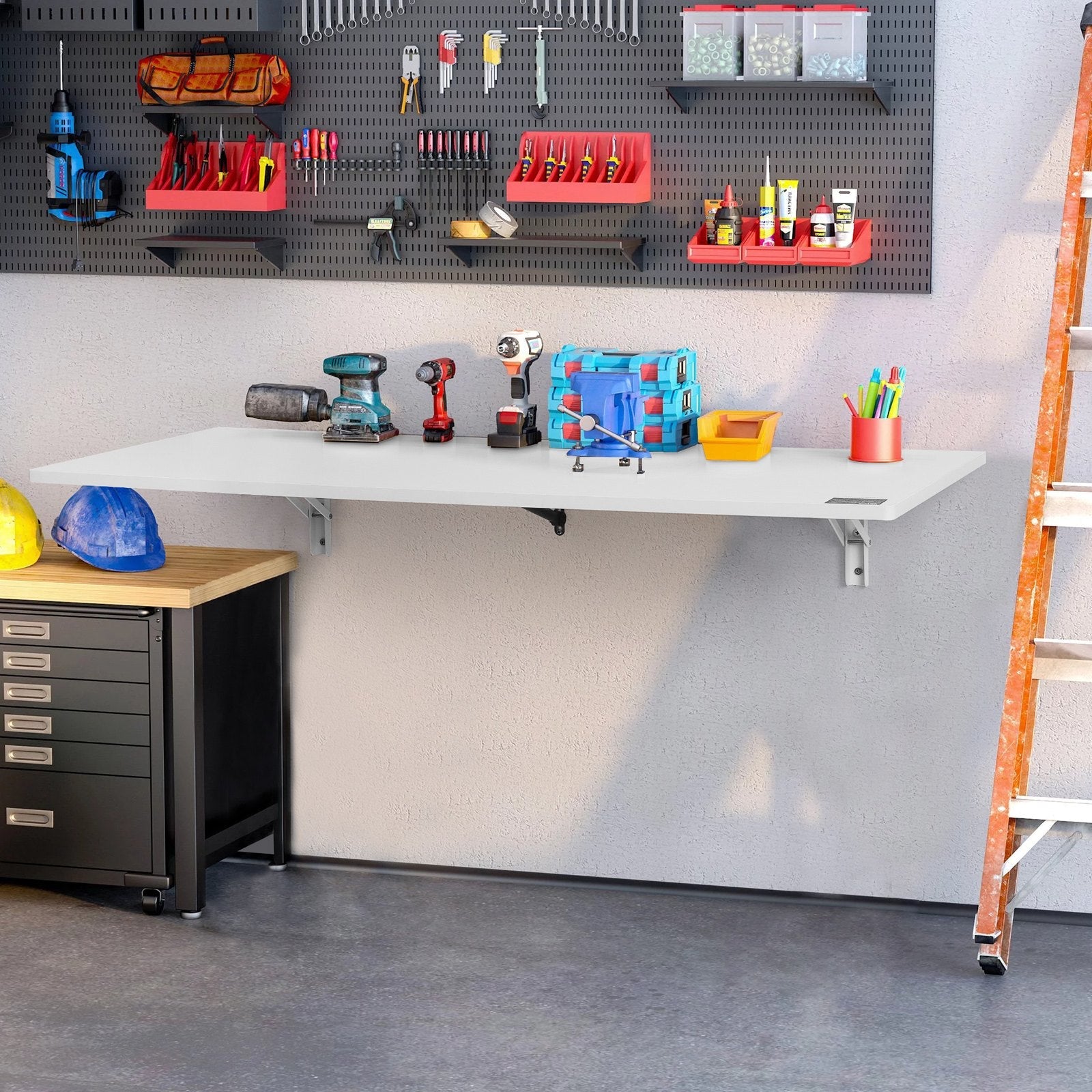 VEVOR Wall Mounted Folding Table, 43.31" x 18.11" Wall Mount Drop Leaf Table, Floating Desk with Iron Bracket, Fold Down Desk for Small Spaces, Home Office, Dining, Laundry Room, Kitchen, Bar, White