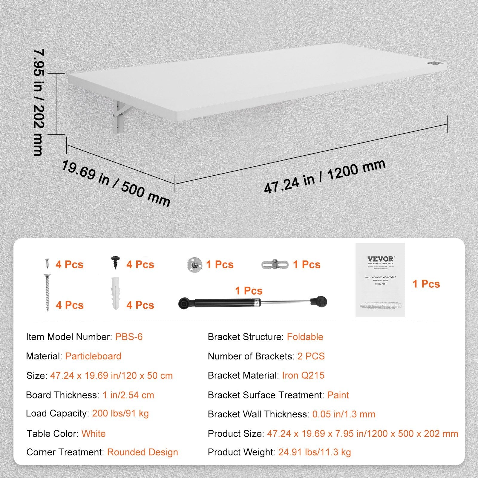 VEVOR Wall Mounted Folding Table, 47.24" x 19.69" Wall Mount Drop Leaf Table, Floating Desk with Iron Bracket, Fold Down Desk for Small Spaces, Home Office, Dining, Laundry Room, Kitchen, Bar, White