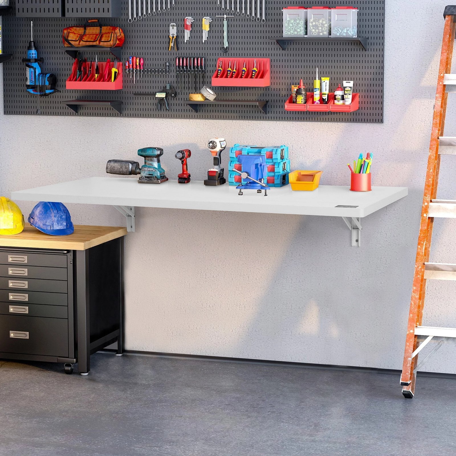 VEVOR Wall Mounted Folding Table, 47.24" x 19.69" Wall Mount Drop Leaf Table, Floating Desk with Iron Bracket, Fold Down Desk for Small Spaces, Home Office, Dining, Laundry Room, Kitchen, Bar, White