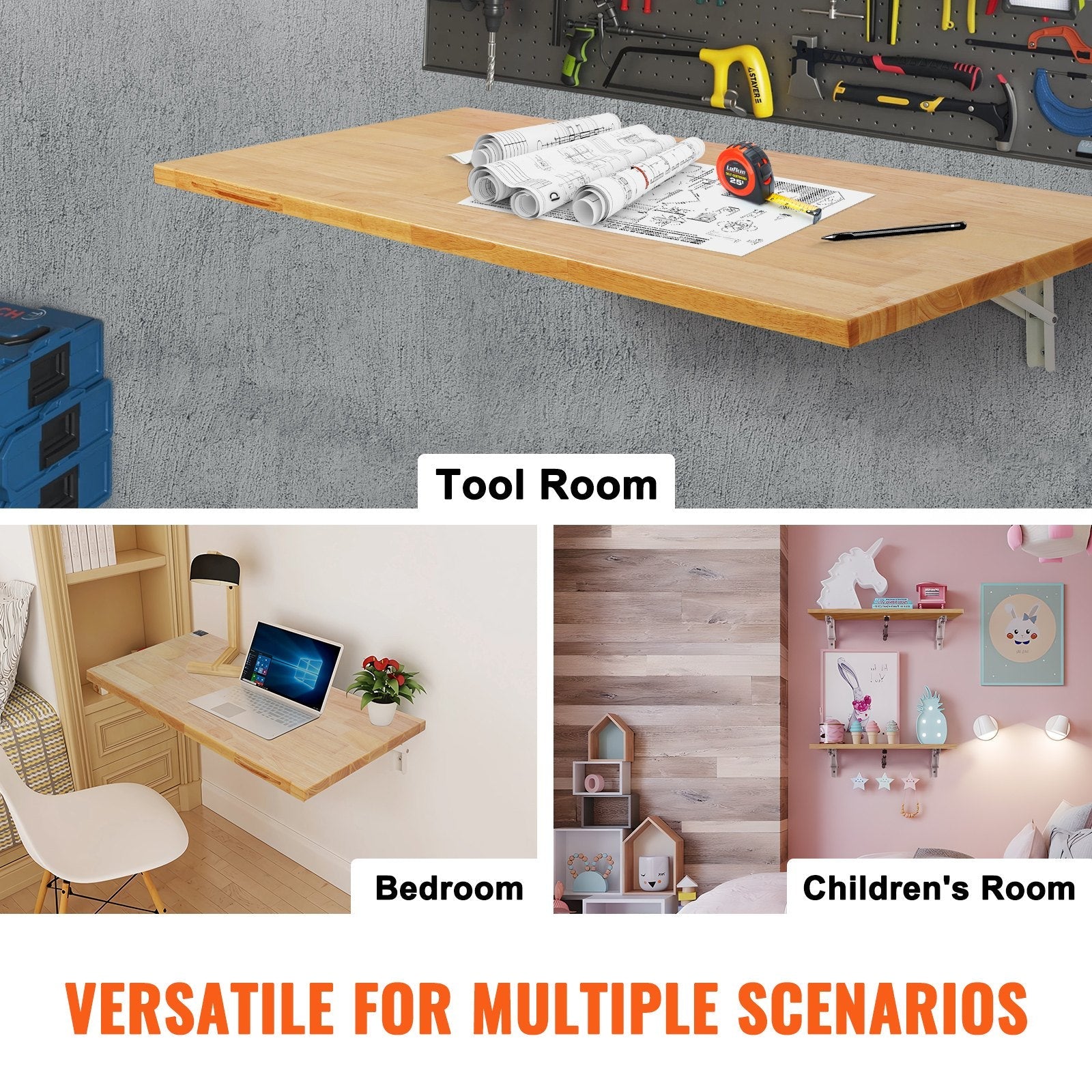 VEVOR Wall Mounted Folding Table, 47.24" x 19.69" Wall Mount Drop Leaf Table, Wooden Floating Desk with Iron Bracket, Fold Down Desk for Small Spaces, Home Office, Dining, Laundry Room, Kitchen, Bar