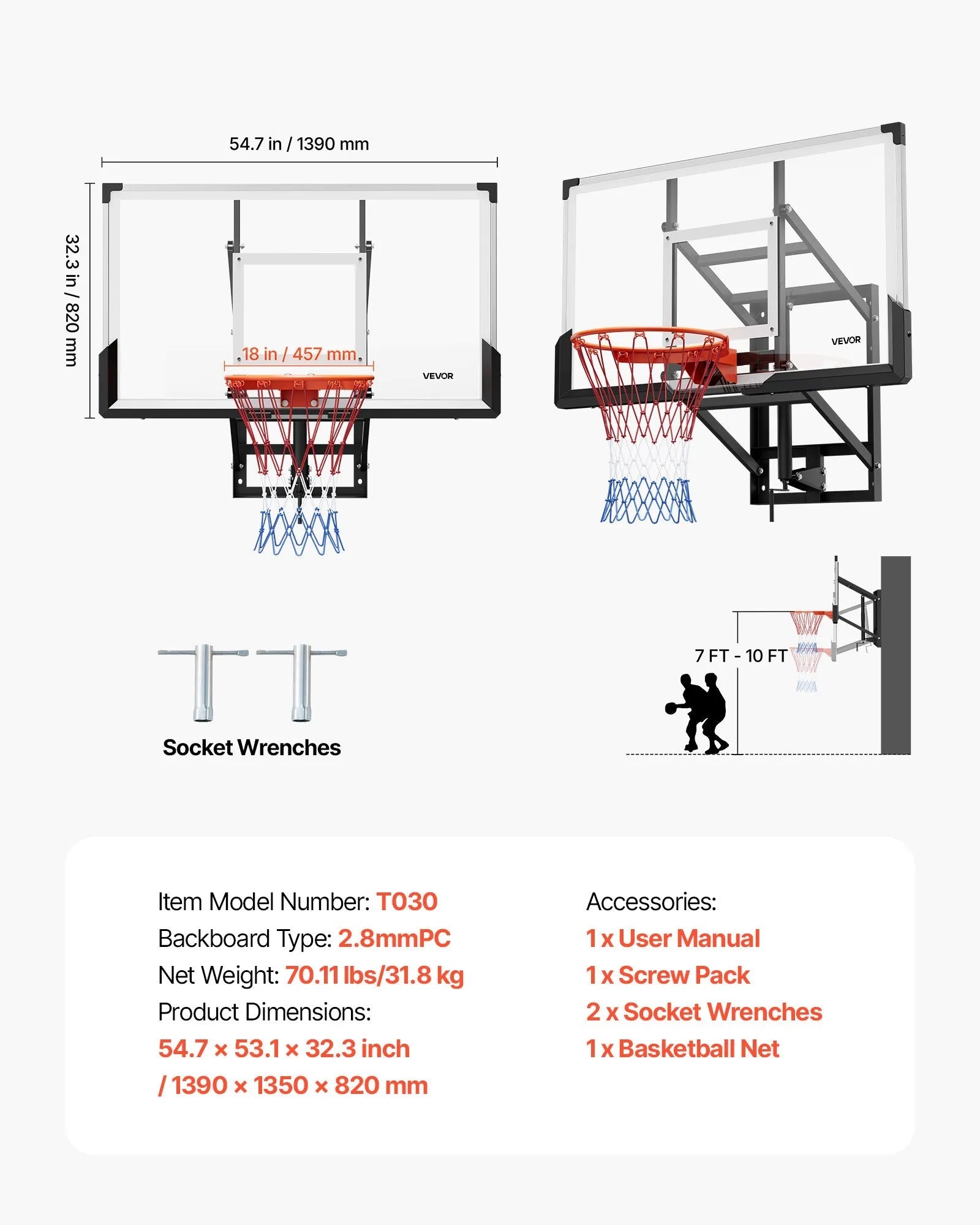 VEVOR Wall Mount Basketball Hoop, 54-inch PC Backboard Mounted Basketball Hoop Outdoor with Hand-Crank Adjustment, 0.11 inch Thickened Backboard, Classic Basketballs Hoops Design, Indoor & Outdoor Use