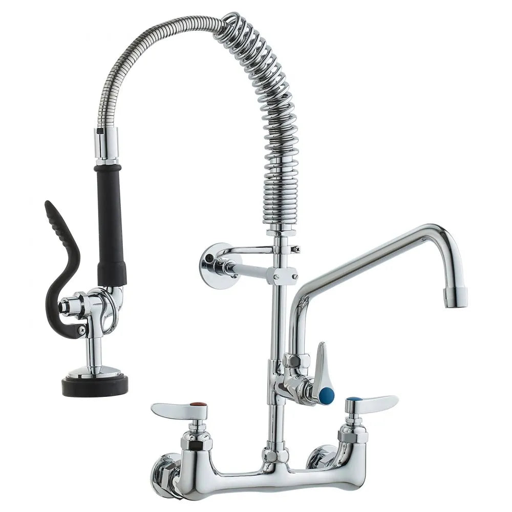 VEVOR Commercial Faucet with Pre-Rinse Sprayer, 21" Height, 8" Center, 12" Swing Spout, Wall Mount Kitchen Sink Faucet, Brass Constructed Device with Pull Down Spray, for 1/2/3 Compartment Sink