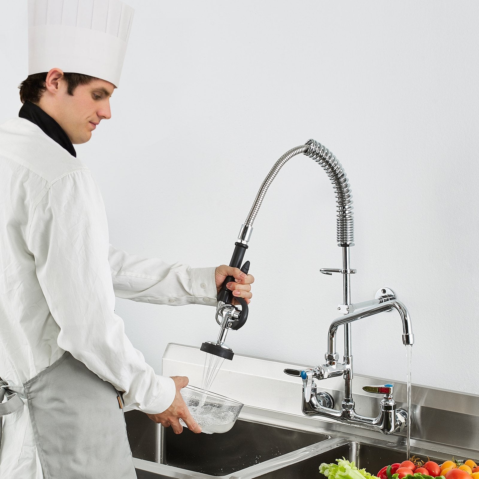 VEVOR Commercial Faucet with Pre-Rinse Sprayer, 25" Height, 8" Center, 12" Swing Spout, Wall Mount Kitchen Sink Faucet, Brass Constructed Device with Pull Down Spray, for 1/2/3 Compartment Sink