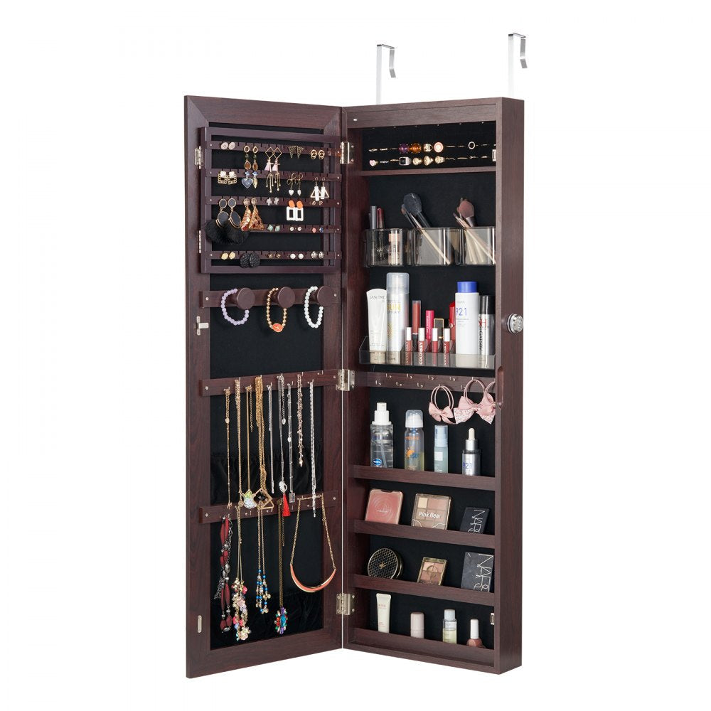 VEVOR Mirror Jewelry Cabinet 42.52in Lockable Wall or Door Mounted Armoire Brown