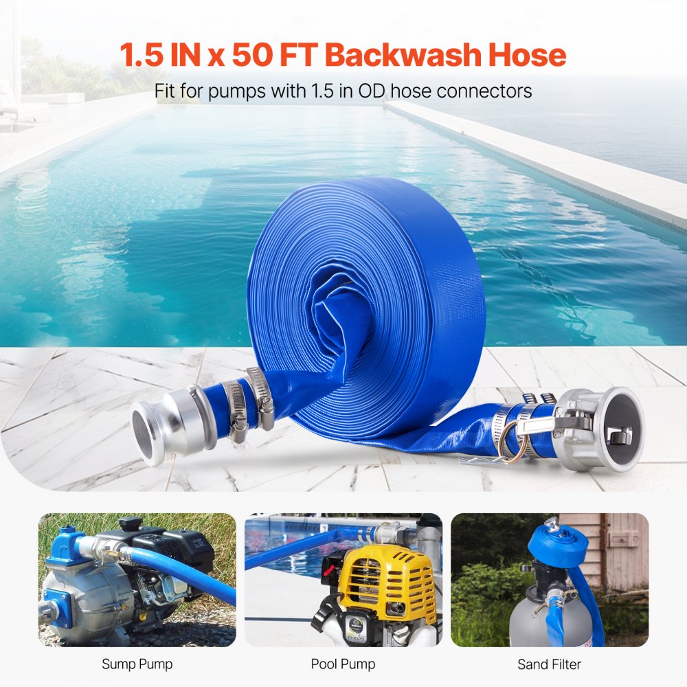 Backwash Hose 1.5 in x 50 ft Blue High Quality Hose Complete Fittings