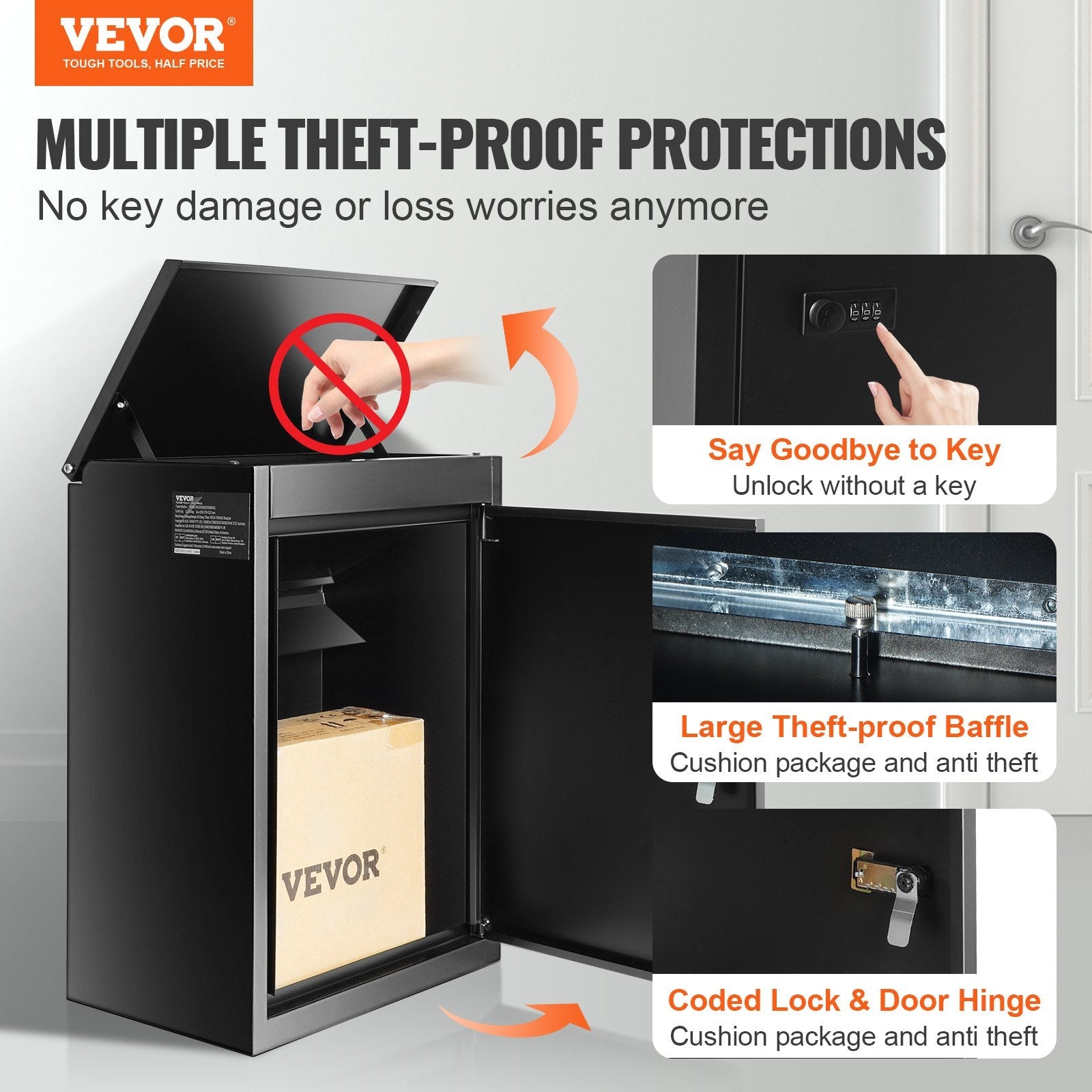 VEVOR Package Delivery Boxes for Outside 15.4" x 10.6" x 20.5", Galvanized Steel Wall Mount Mailbox with Coded Lock, Anti-Theft Baffle, IPX3 Waterproof Lockable Large Mail Box for Porch, Curbside