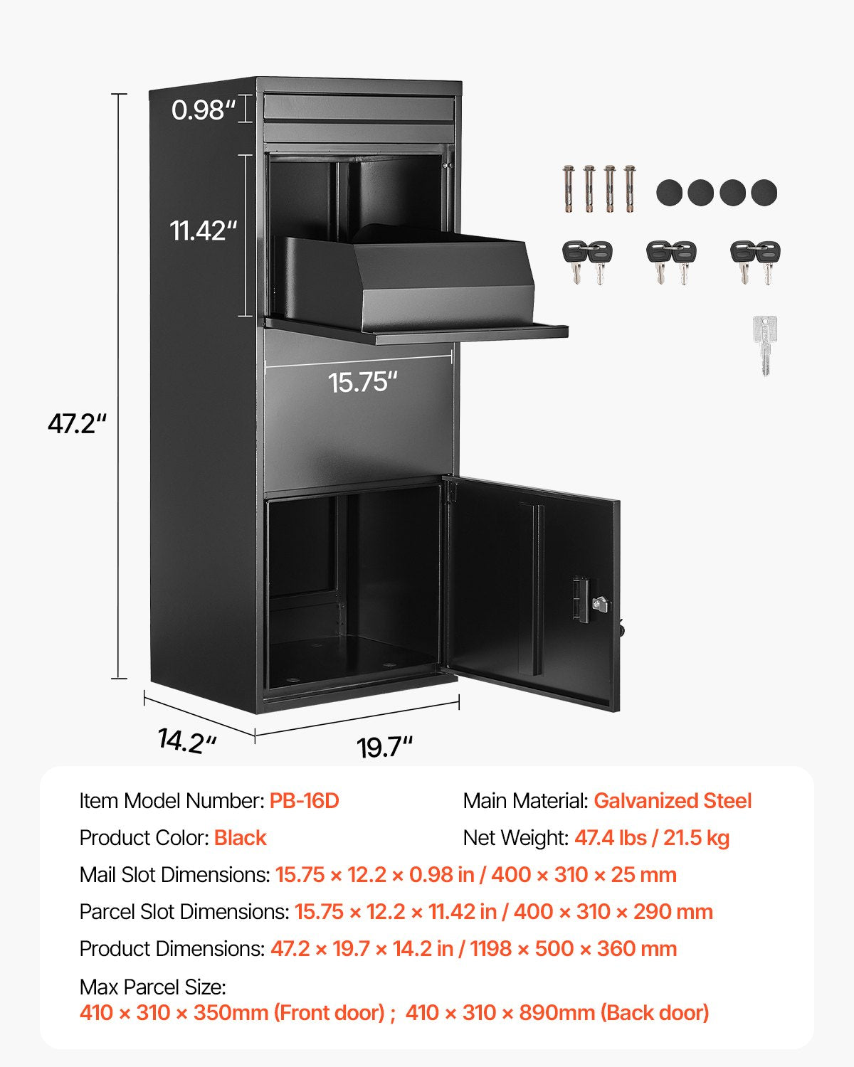 VEVOR Package Delivery Boxes for Outside 47.2 in Lockable Parcel Drop Box