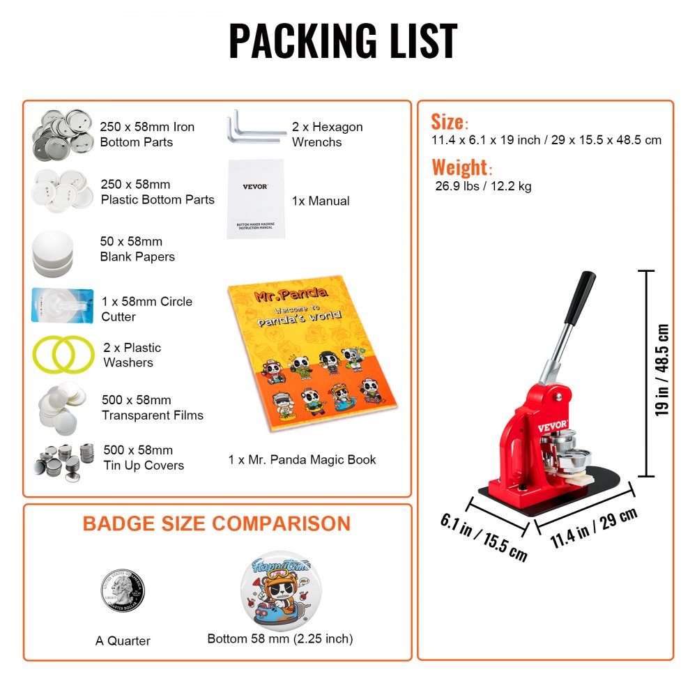 VEVOR Button Maker Machine, 58 mm (2.25 inch) Badge Punch Press Kit, Children DIY Gifts Pin Maker, Button Making Supplies with 500pcs Button Parts & Circle Cutter & Magic Book