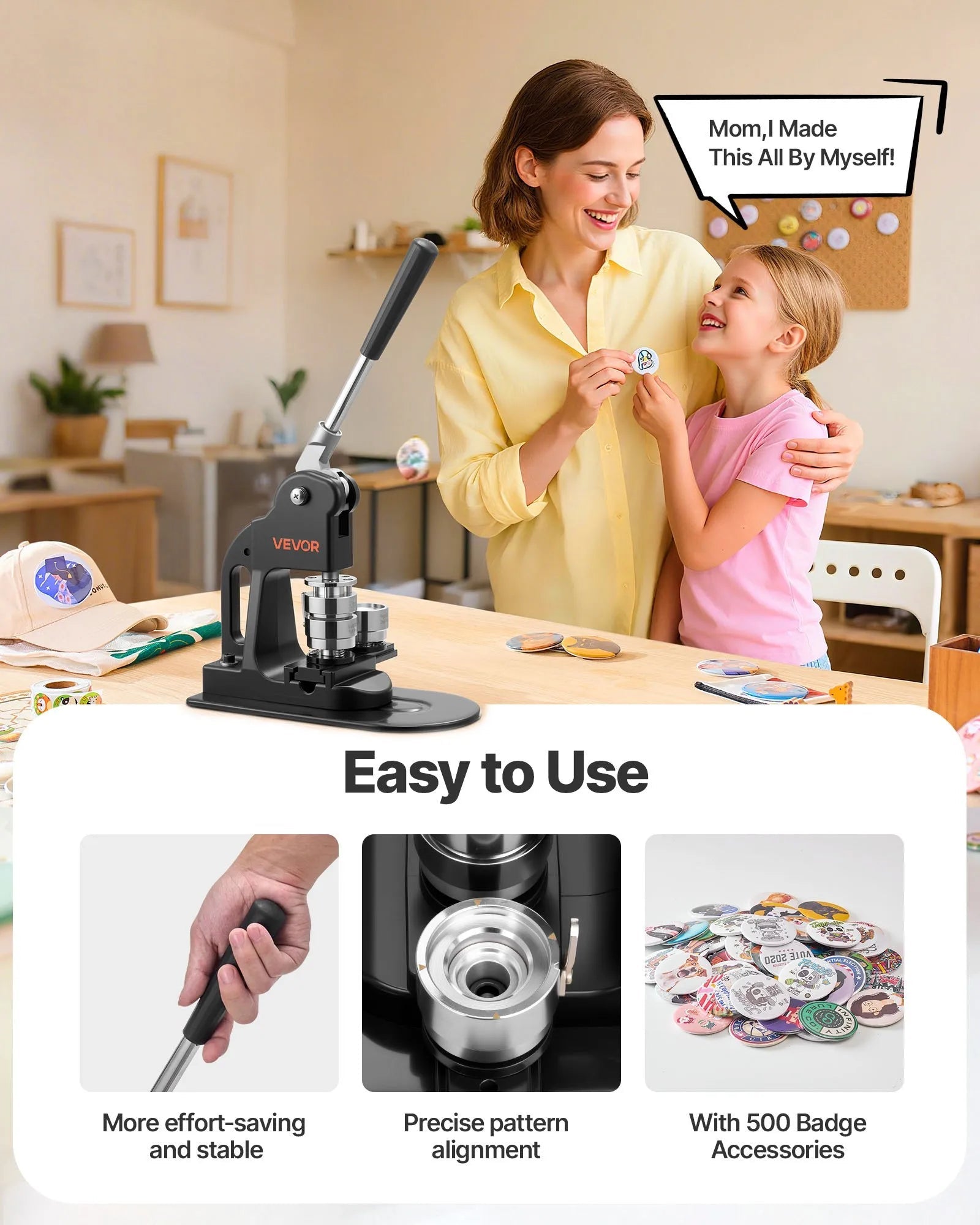 VEVOR Button Maker Machine, 1.25 in, Pin Maker Machine with 500pcs Button Parts, Circle Cutter, Hex Wrenches and Magic Book, Ergonomic Handle, for DIY Badges, Personalized Pins and Key Chains, Black