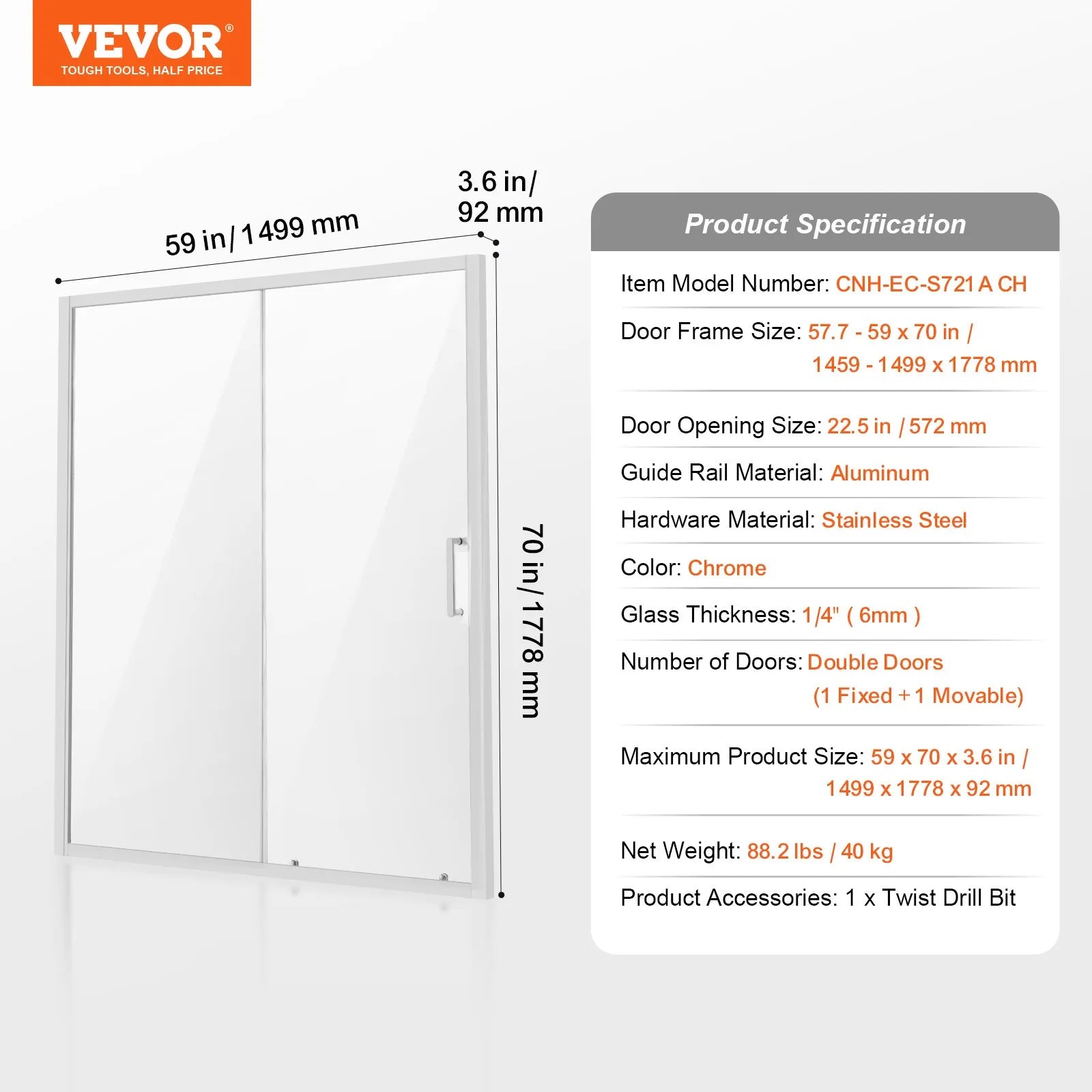 VEVOR Semi-frameless Shower Door 57.7-59x70in SGCC Tempered Glass 1/4in Chrome