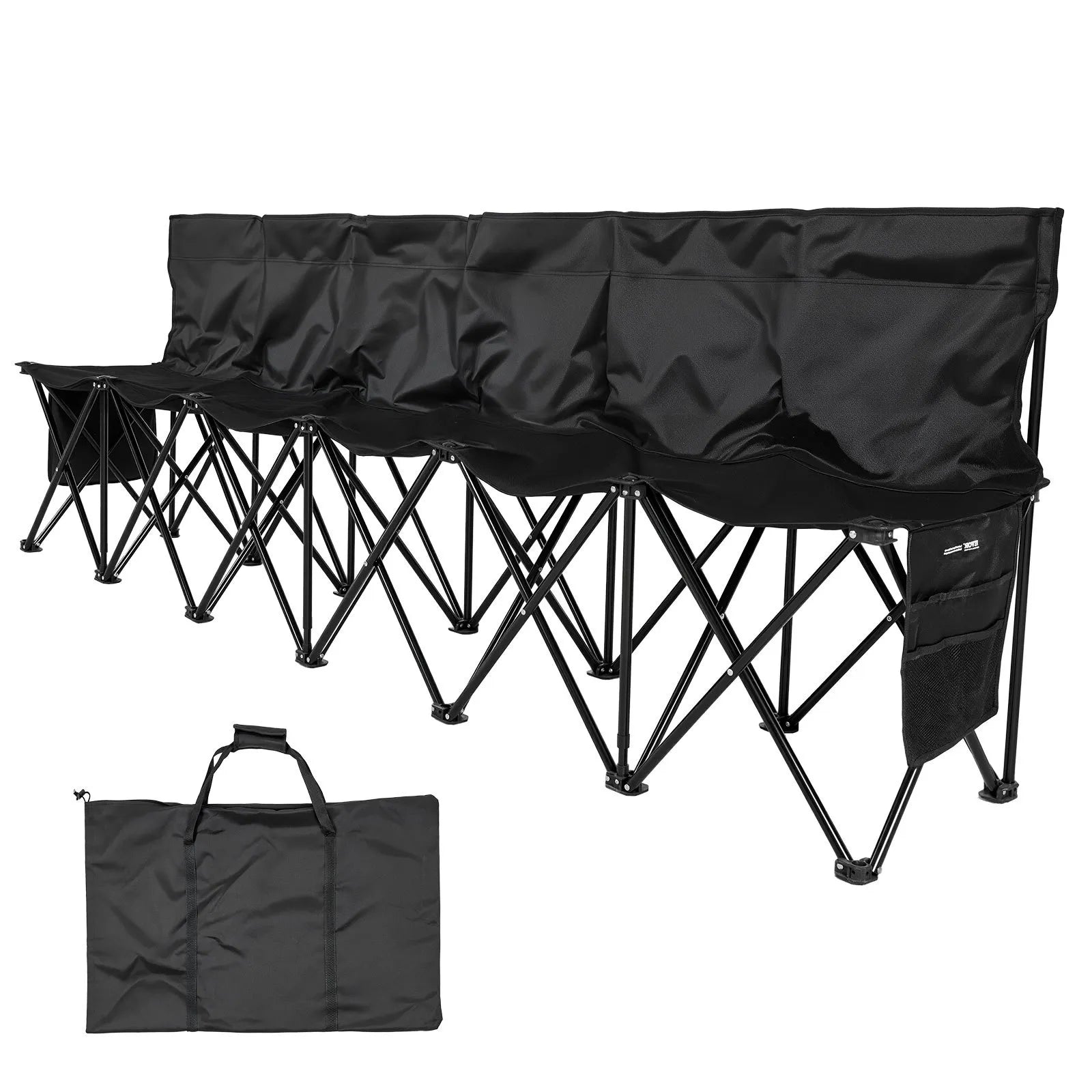 VEVOR Portable Folding Bench, 6 Seat Soccer Bench with Multiple Storage Pockets & Carrying Bag, Lightweight Sideline Seating with Back Rest for Football, Baseball, Camping, Outdoor Events, Black