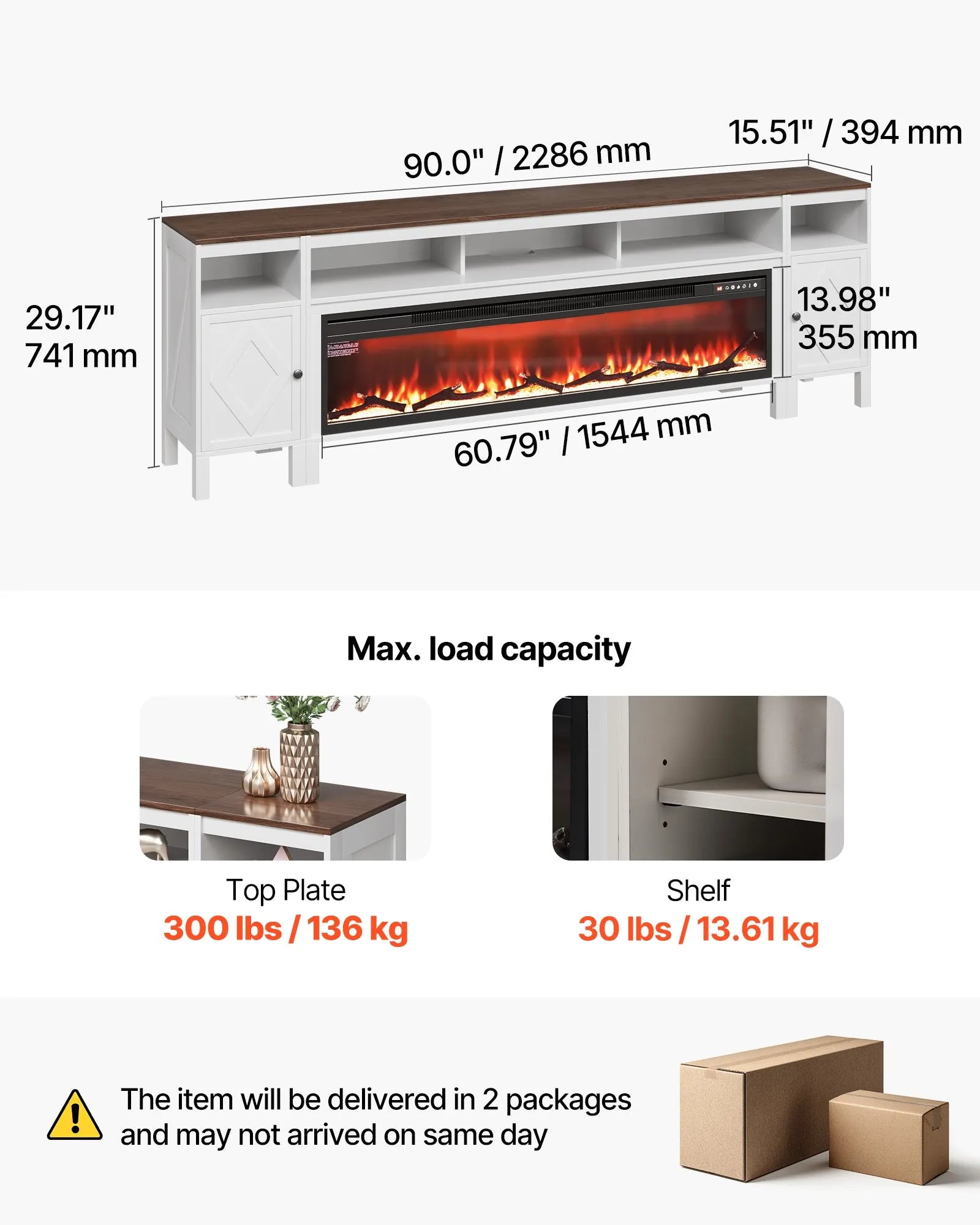 Farmhouse Fireplace TV Stand – 90" Entertainment Center with 60" Electric Fireplace – Fits TVs up to 100" – White